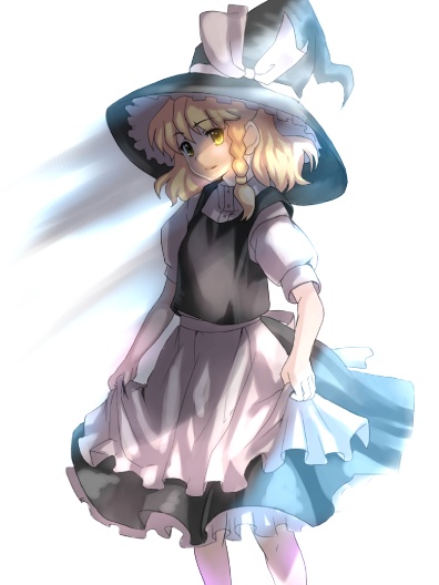mugishima orie, kirisame marisa, touhou, eyebrows, 1girl, apron, black hat, black skirt, black vest, blonde hair, bow, braid, female focus, frilled apron, frills, hat, hat bow, hat ribbon, holding, legs apart, puffy short sleeves, puffy sleeves, ribbon, shade, shirt, short hair, short sleeves, skirt, solo, standing, vest, waist apron, white apron, white background, white bow, white ribbon, white shirt, witch hat, yellow eyes