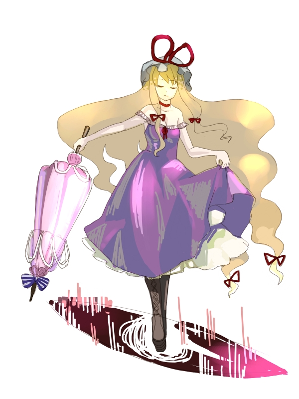 mugishima orie, yakumo yukari, touhou, 1girl, adapted costume, blonde hair, boots, brown boots, closed eyes, closed umbrella, dress, female focus, full body, hat, hat ribbon, knee boots, long hair, mob cap, red ribbon, ribbon, simple background, sleeveless, sleeveless dress, solo, standing, sundress, umbrella, very long hair, white background