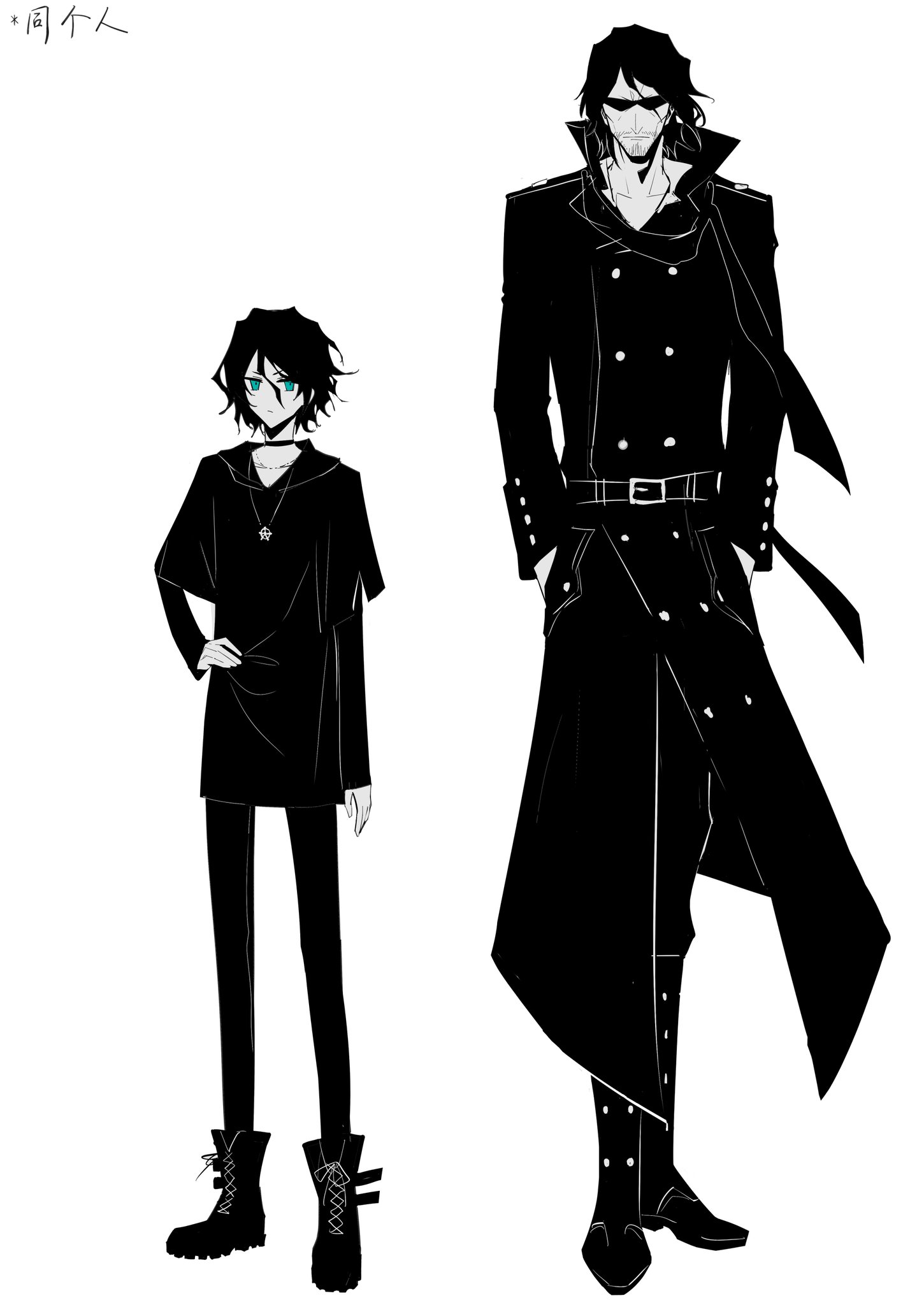 zangjun, zangetsu (bleach), bleach, highres, 2boys, age difference, aged down, aged up, black hair, closed mouth, coat, dual persona, facial hair, hair between eyes, hand in pocket, long hair, long sleeves, looking at viewer, male focus, multiple boys, shirt, short hair, simple background, tall male, tensa zangetsu (bankai), trench coat, white background