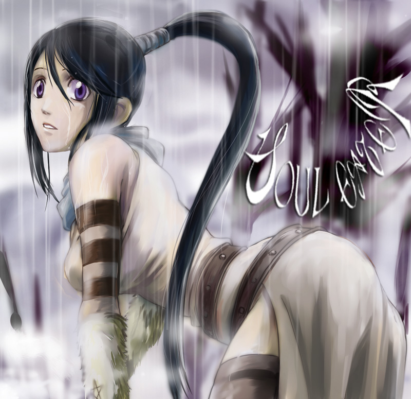 nakatsukasa tsubaki, soul eater, 00s, 1girl, female focus, long hair, ponytail, purple eyes, rain, solo, thighhighs, very long hair