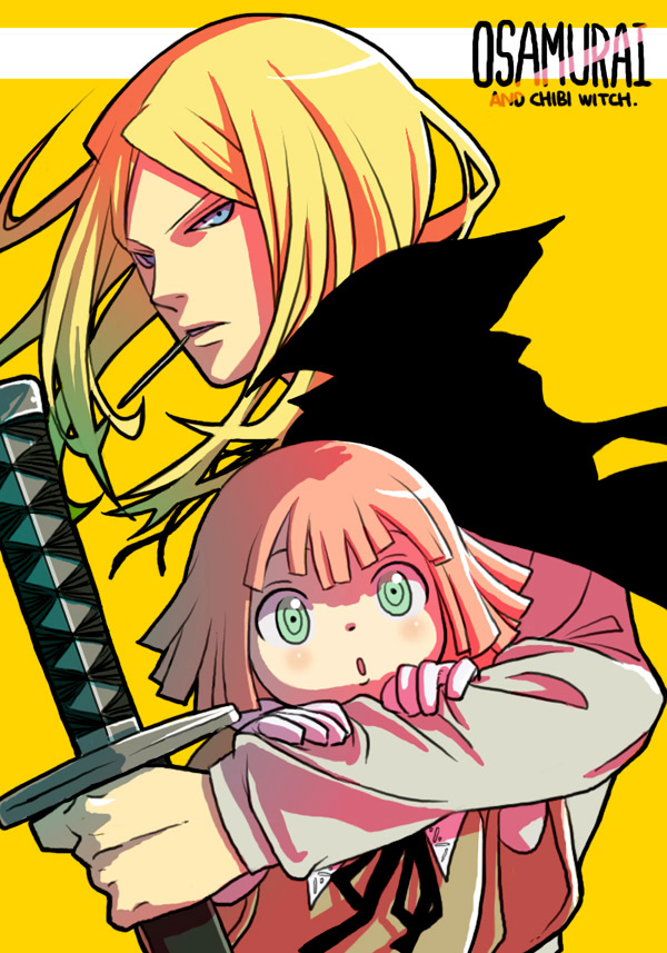 angela leon, mifune (soul eater), gangan comics, soul eater, 00s, 1boy, 1girl, blonde hair, blue eyes, child, gloves, green eyes, katana, long hair, pink hair, short hair, sword, weapon