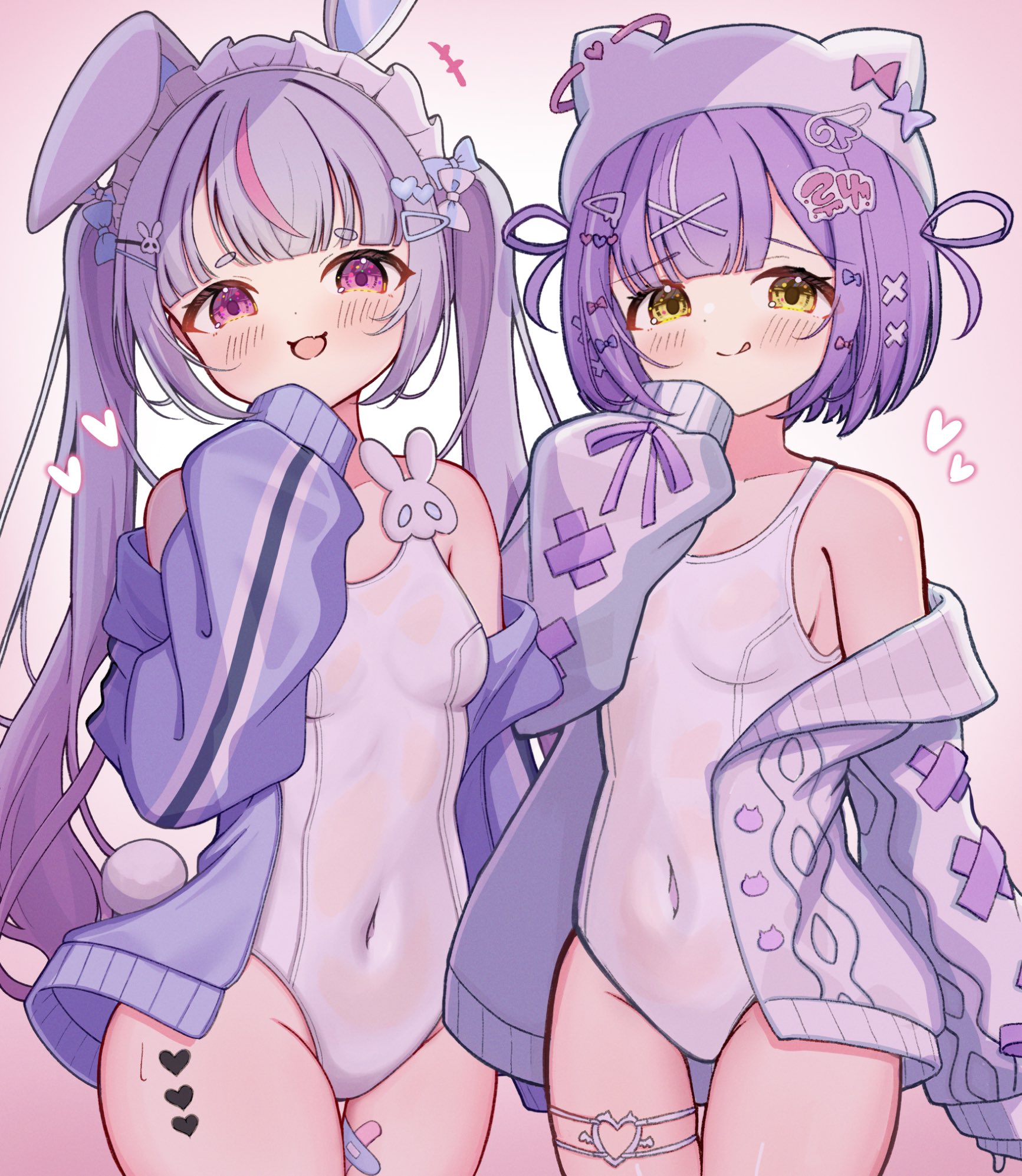 towa 12220611, tosaki mimi, vspo!, highres, 2girls, animal ears, blush, breasts, cardigan, covered navel, grey hair, hair ornament, heart, jacket, long hair, looking at viewer, multicolored hair, multiple girls, one-piece swimsuit, open clothes, pink eyes, pink hair, purple hair, rabbit ears, rabbit tail, school swimsuit, short hair, small breasts, smile, streaked hair, swimsuit, tail, tongue, tongue out, twintails, virtual youtuber, white one-piece swimsuit, x hair ornament, yellow eyes
