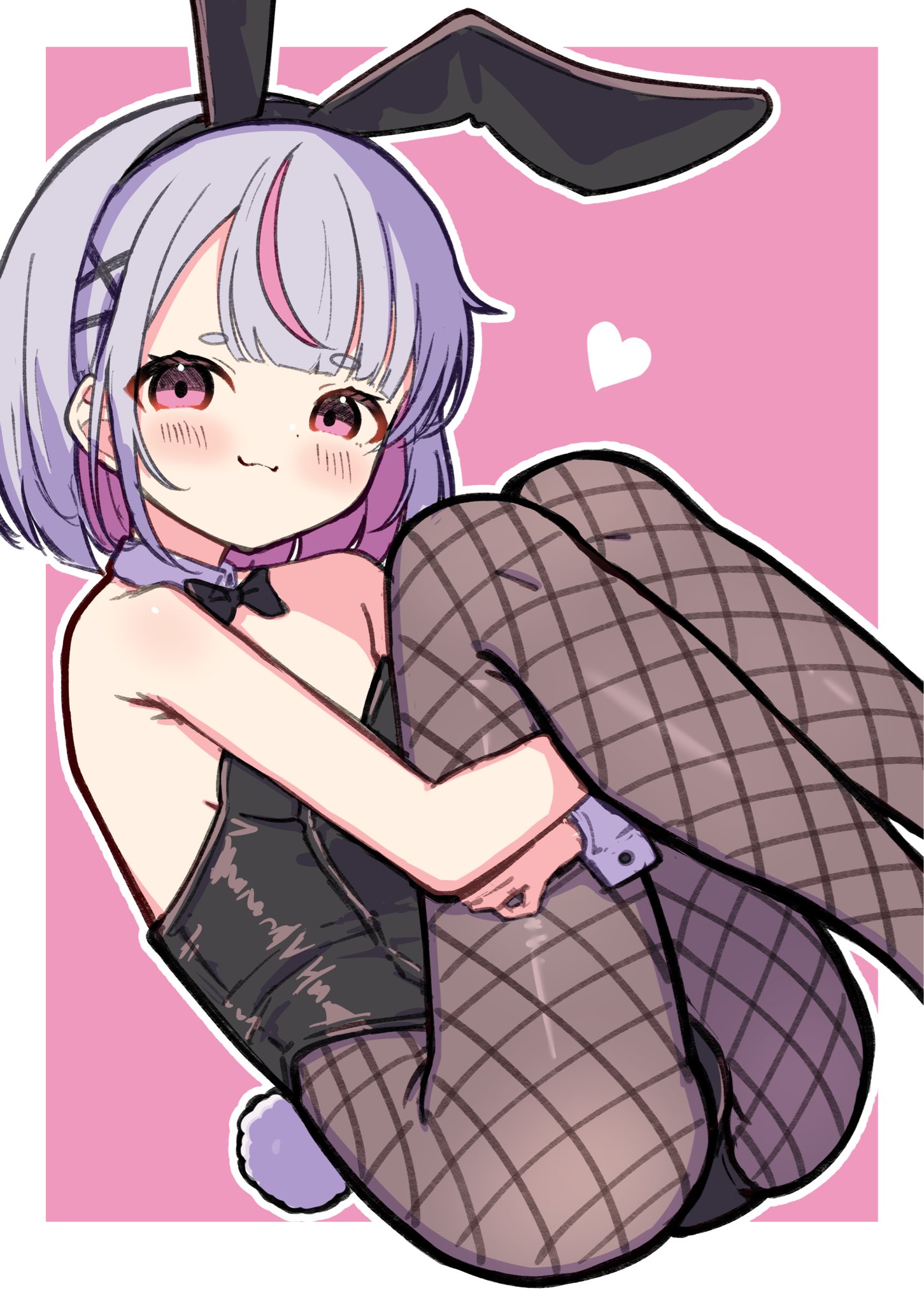 towa 12220611, tosaki mimi, vspo!, highres, 1girl, :3, animal ears, bare shoulders, black bow, blush, bow, bowtie, fishnet pantyhose, fishnets, grey hair, hair ornament, heart, hugging own legs, leotard, looking at viewer, multicolored hair, pantyhose, pink eyes, pink hair, playboy bunny, rabbit ears, rabbit tail, short eyebrows, short hair, strapless, strapless leotard, streaked hair, tail, wrist cuffs