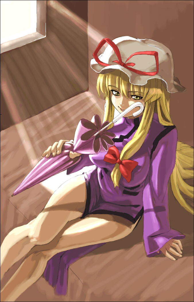 shiba itsuki, yakumo yukari, touhou, light, bad id, bad pixiv id, 1girl, bed, blonde hair, dress, female focus, hat, indoors, legs, long sleeves, looking at viewer, naughty face, ribbon, sitting, solo, umbrella, window, yellow eyes