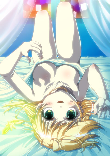 shuuko, chelinka, final fantasy, final fantasy crystal chronicles, final fantasy crystal chronicles: ring of fates, bad id, bad pixiv id, 1girl, blonde hair, breasts, female focus, green eyes, indoors, lying, solo