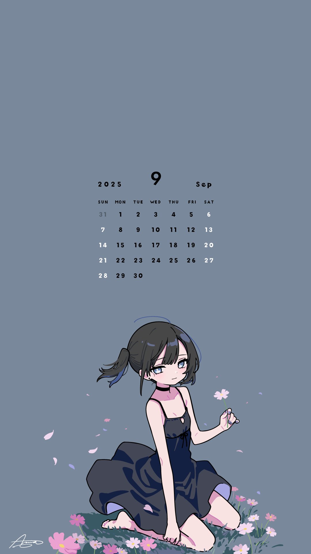 ameniwa, original, commentary, english commentary, highres, 1girl, 2025, bare arms, bare legs, bare shoulders, barefoot, black camisole, black choker, black dress, black hair, breasts, calendar (medium), camisole, choker, cleavage, cleavage cutout, clothing cutout, dress, flower, full body, grey background, nail polish, on grass, pink flower, pink petals, september, short hair, side ponytail, signature, simple background, sitting, solo, wariza