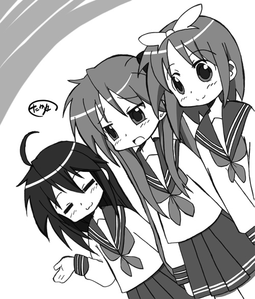 sushikuugo (suisen), hiiragi kagami, hiiragi tsukasa, izumi konata, lucky star, 00s, 3girls, :3, = =, greyscale, mole, mole under eye, monochrome, multiple girls, school uniform, serafuku, siblings, sisters, twins