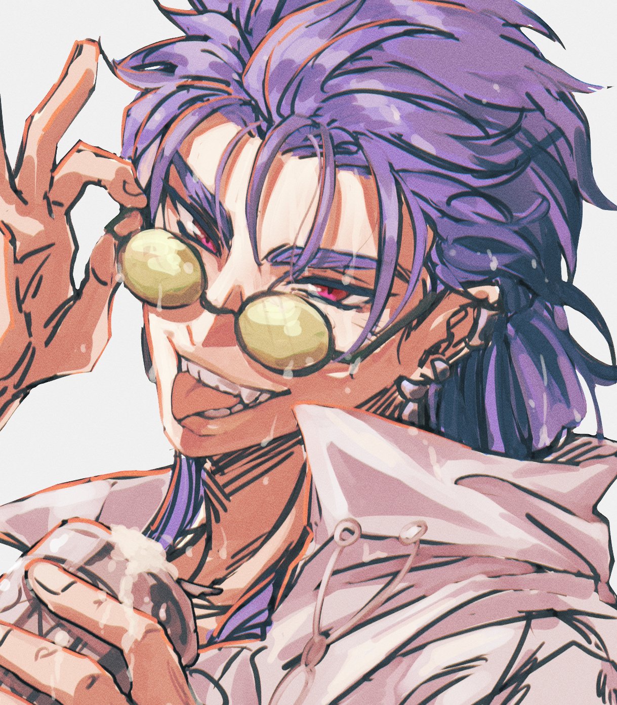 5 horulu, cu chulainn (caster) (fate), cu chulainn (fate), cu chulainn (tropical rune summer) (fate), fate/grand order, fate (series), highres, 1boy, adjusting eyewear, blue hair, can, earrings, fangs, green-tinted eyewear, holding, holding can, jacket, jewelry, long hair, looking at viewer, male focus, open mouth, red eyes, simple background, smile, solo, tinted eyewear, tongue, tongue out, wet, wet hair, white background, white jacket