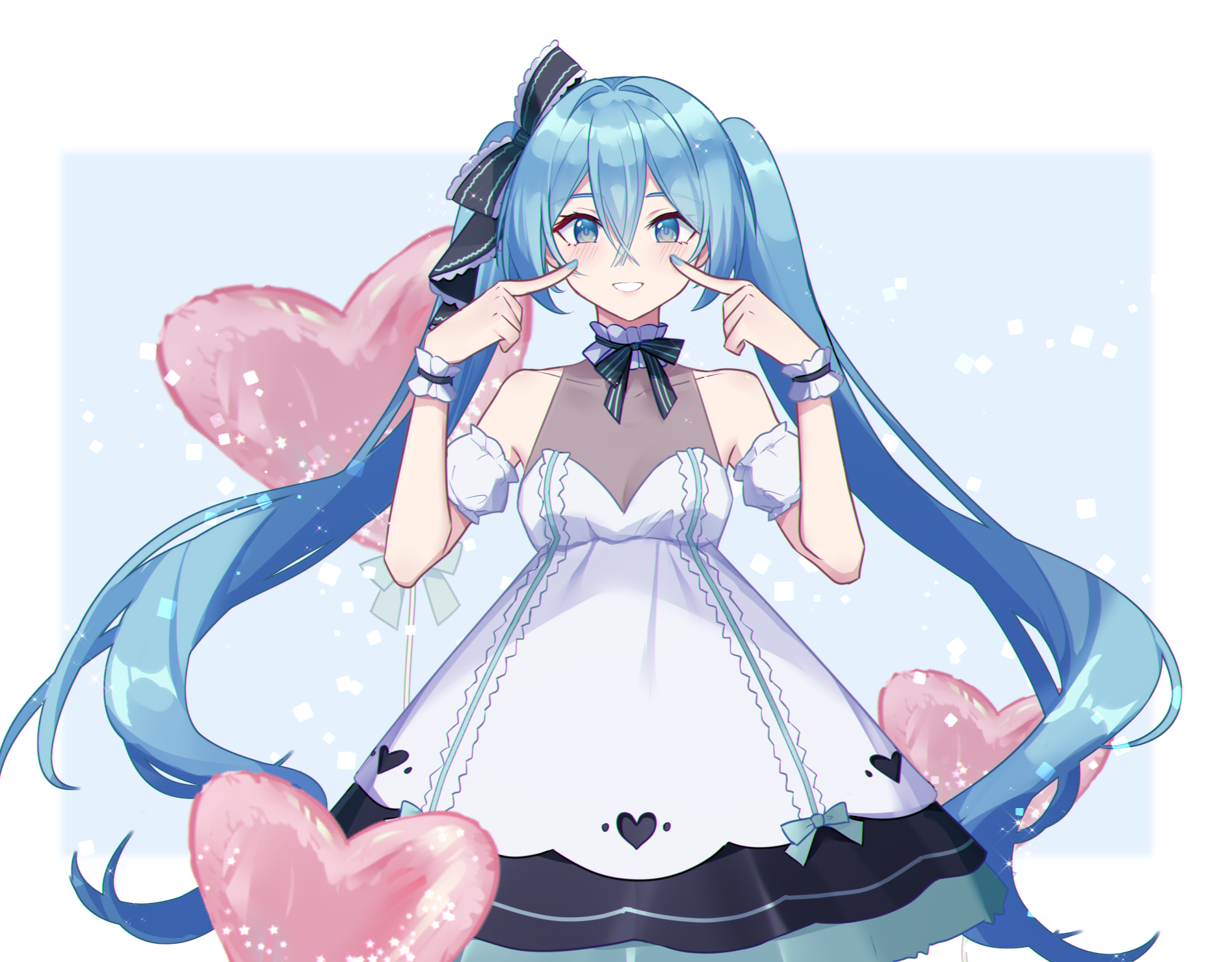 yikuaiguapi46577, hatsune miku, vocaloid, highres, 1girl, aqua eyes, aqua hair, aqua nails, balloon, blush, breasts, cleavage, collarbone, detached sleeves, dress, fingers to cheeks, heart balloon, long hair, looking at viewer, medium breasts, open mouth, short sleeves, sleeveless, sleeveless dress, smile, solo, twintails, very long hair, white dress, wrist cuffs