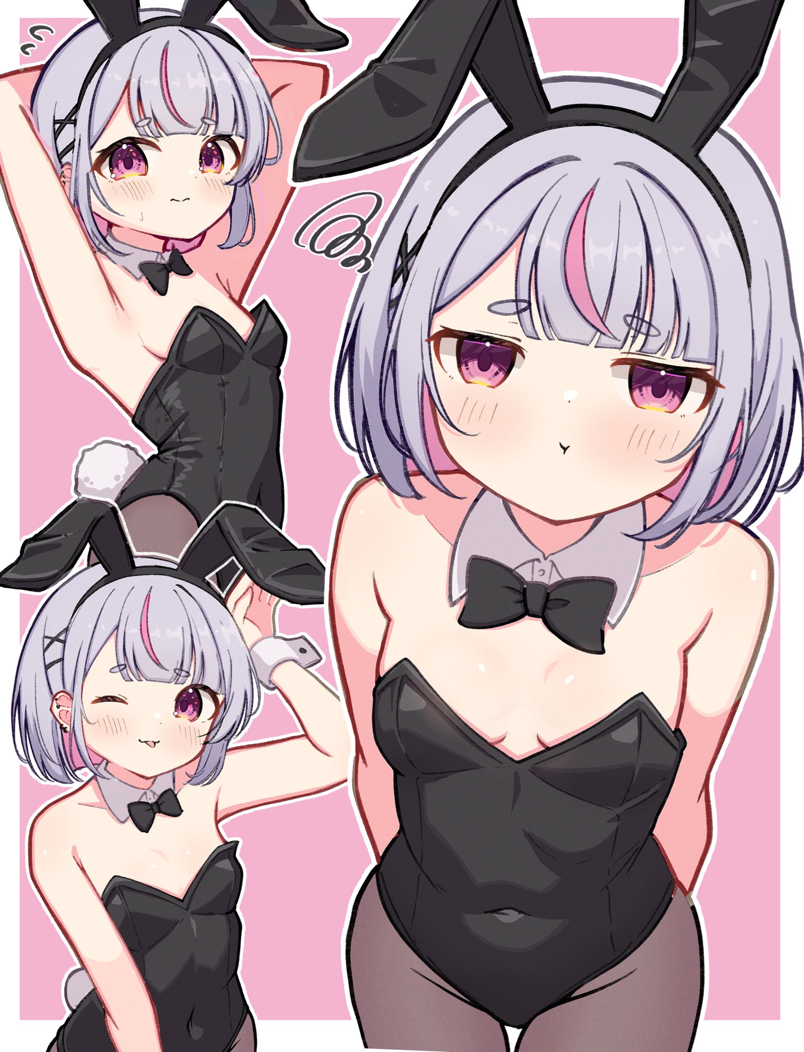 towa 12220611, tosaki mimi, vspo!, highres, 1girl, animal ears, armpits, bare shoulders, black bow, black bowtie, black leotard, blush, bow, bowtie, breasts, closed mouth, covered navel, detached collar, grey hair, hair ornament, hairband, leotard, looking at viewer, multicolored hair, multiple views, one eye closed, pantyhose, pink eyes, playboy bunny, pout, purple eyes, rabbit ears, rabbit tail, short eyebrows, short hair, small breasts, squiggle, strapless, streaked hair, tail, tongue, wrist cuffs, x hair ornament
