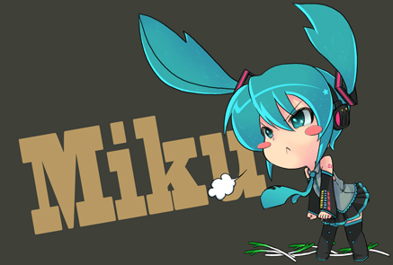 minazuki isami, hatsune miku, vocaloid, lowres, 1girl, :<, angry, aqua eyes, aqua hair, black thighhighs, blush stickers, chibi, detached sleeves, female focus, long hair, necktie, skirt, solo, spring onion, tattoo, thighhighs, twintails