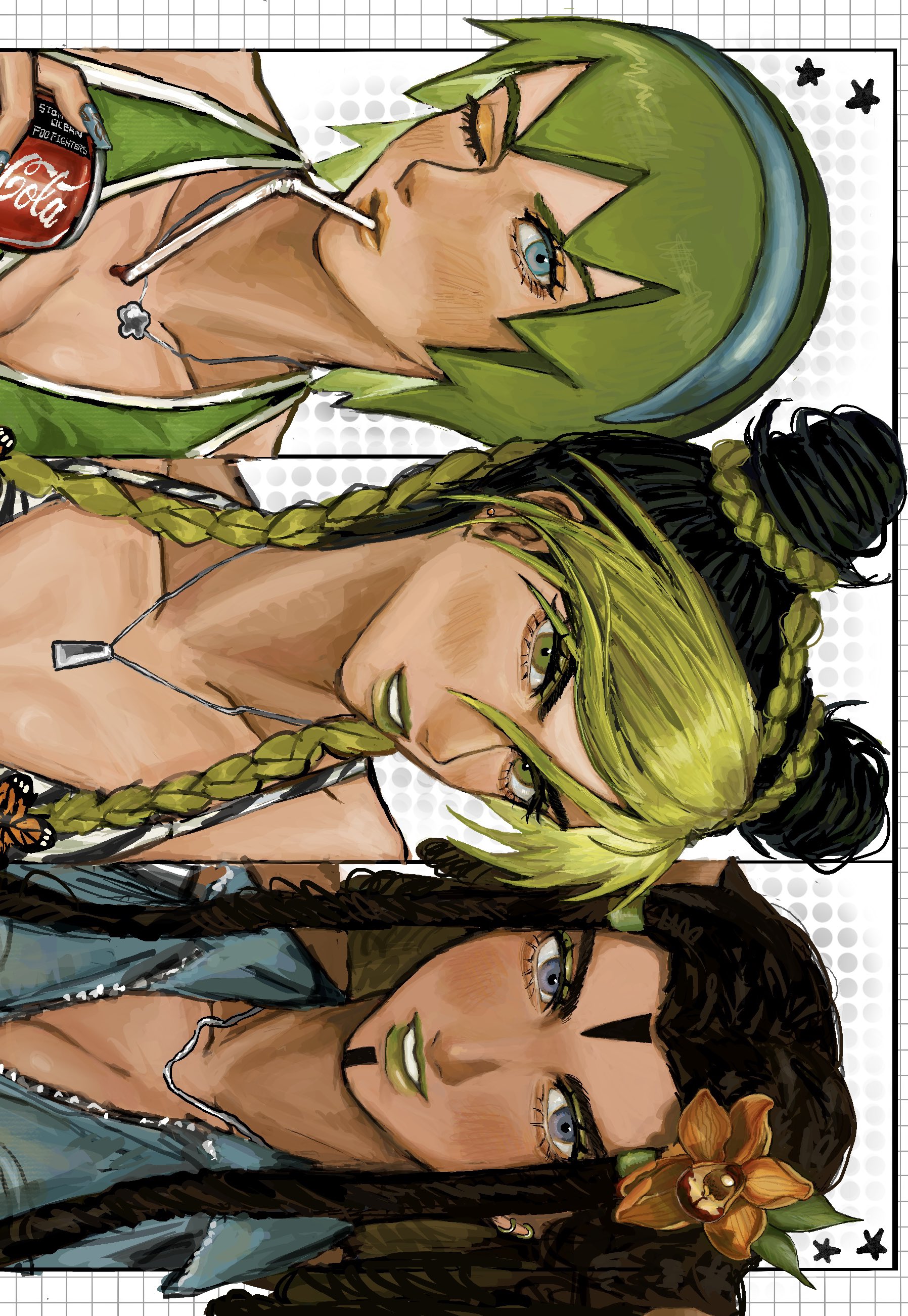 aoiro0401, ermes costello, foo fighters (jojo), kuujou jolyne, coca-cola, jojo no kimyou na bouken, stone ocean, absurdres, commentary request, highres, 3girls, alternate costume, alternate hairstyle, asymmetrical bangs, black hair, blue eyes, blue hairband, blue shirt, blush, braid, breasts, bun with braided base, can, cleavage, collarbone, cone hair bun, dark-skinned female, dark skin, double bun, dreadlocks, drink, drinking, drinking straw, drinking straw in mouth, earrings, facial mark, flower, forehead mark, green eyes, green hair, green lips, green nails, grey eyes, grid background, hair bun, hair flower, hair ornament, hairband, holding, holding can, jewelry, long hair, looking at viewer, makeup, multicolored hair, multiple girls, necklace, one eye closed, parted lips, shirt, short hair, sideways, star (symbol), teeth, twin braids, two-tone hair