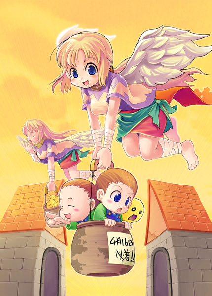 kubocha, original, pot, wall, !, !!, 2boys, 2girls, :d, :o, angel, angel wings, bandaged arm, bandaged leg, bandages, barefoot, blonde hair, blue eyes, blush, brick, brown hair, building, closed eyes, covering own mouth, feathered wings, flying sweatdrops, hand to own mouth, holding, house, long hair, looking down, low ponytail, miniskirt, multiple boys, multiple girls, open mouth, overalls, parted bangs, pointing, ponytail, sarong, short hair, skirt, sky, smile, stone wall, storage pot, tears, text focus, turtleneck, v arms, white wings, wide sleeves, wings, yawning, yellow sky