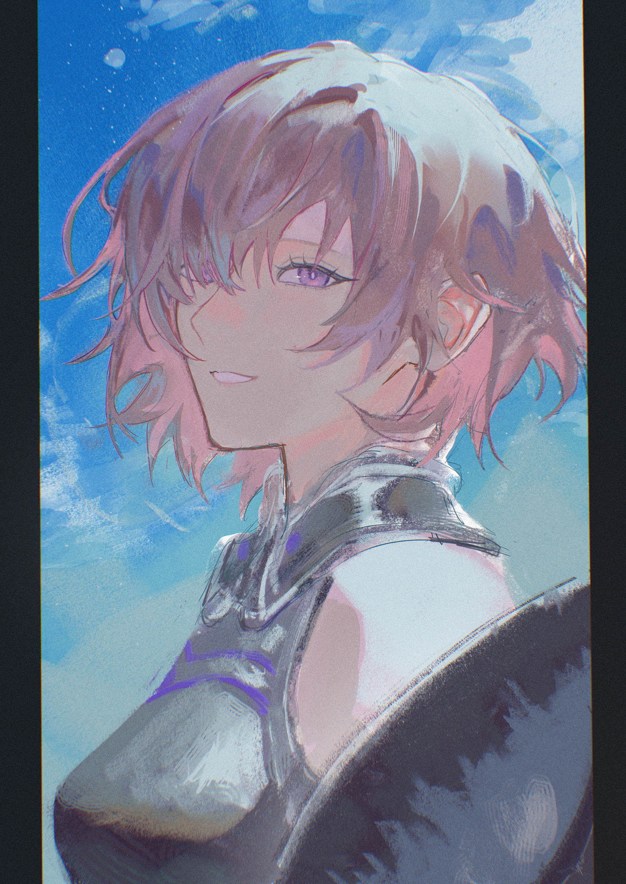 mash kyrielight, fate/grand order, fate (series), absurdres, highres, 1girl, armor, blue sky, breasts, cloud, day, hair over one eye, looking at viewer, open mouth, outdoors, pink hair, purple eyes, short hair, sky, smile, solo, upper body, yu 4444fg