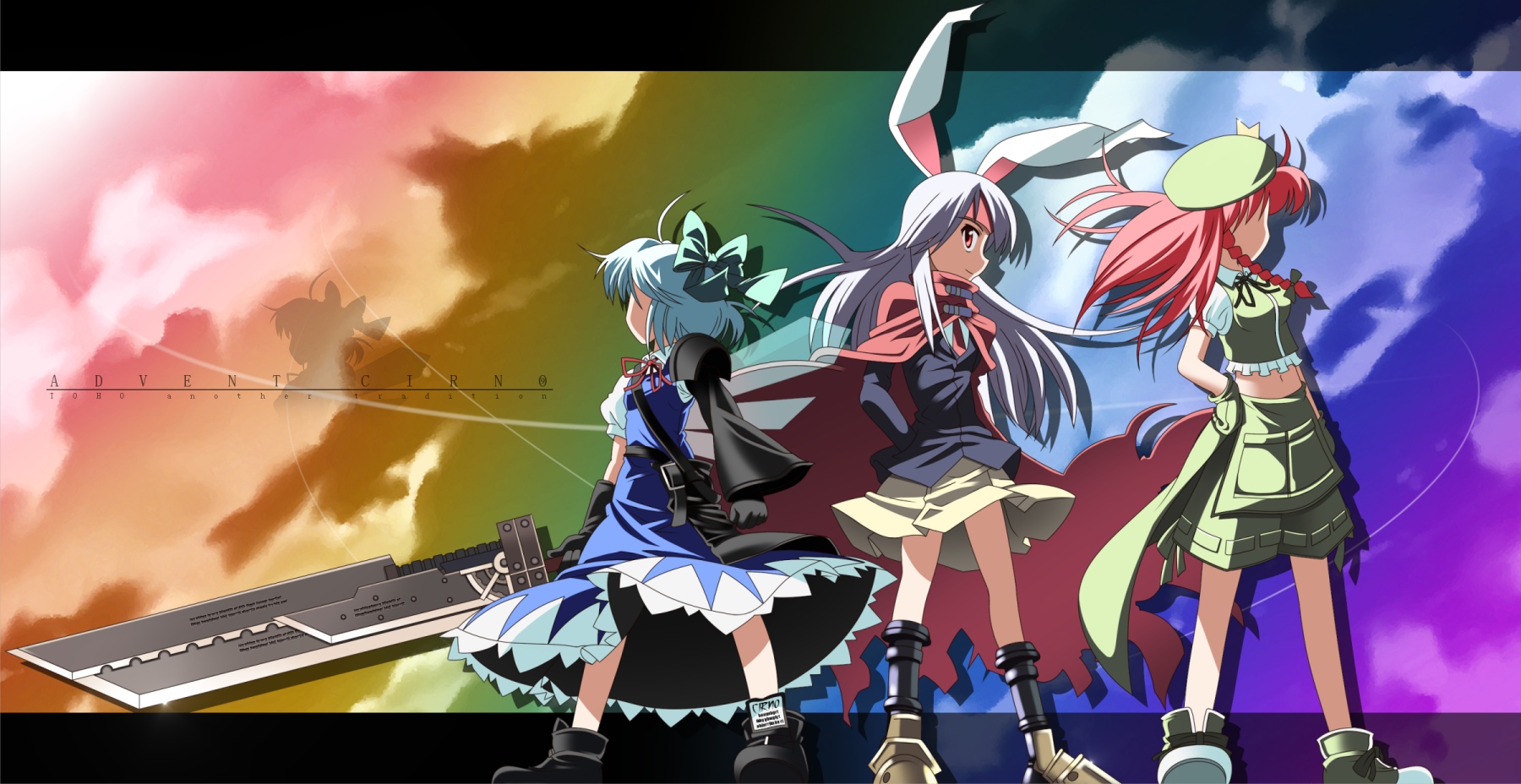 rindou (awoshakushi), cirno, hong meiling, reisen udongein inaba, advent cirno, touhou, bad id, bad pixiv id, highres, 3girls, advent reisen, animal ears, braid, dress, female focus, gradient background, hat, letterboxed, multiple girls, outdoors, rabbit ears, ribbon, short hair, skirt, sky, sword, weapon