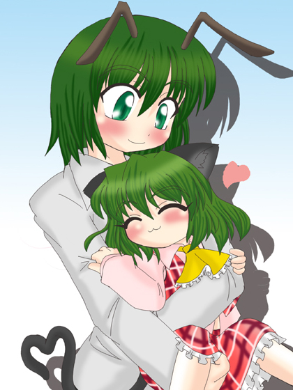 akasode (tyaramu), kazami yuuka, wriggle nightbug, touhou, 2girls, :3, aged down, animal ears, antennae, ascot, blush, cat ears, cat girl, cat tail, female focus, green eyes, green hair, heart, heart tail, hug, hug from behind, multiple girls, plaid clothes, plaid skirt, plaid vest, short hair, skirt, skirt set, smile, tail, vest