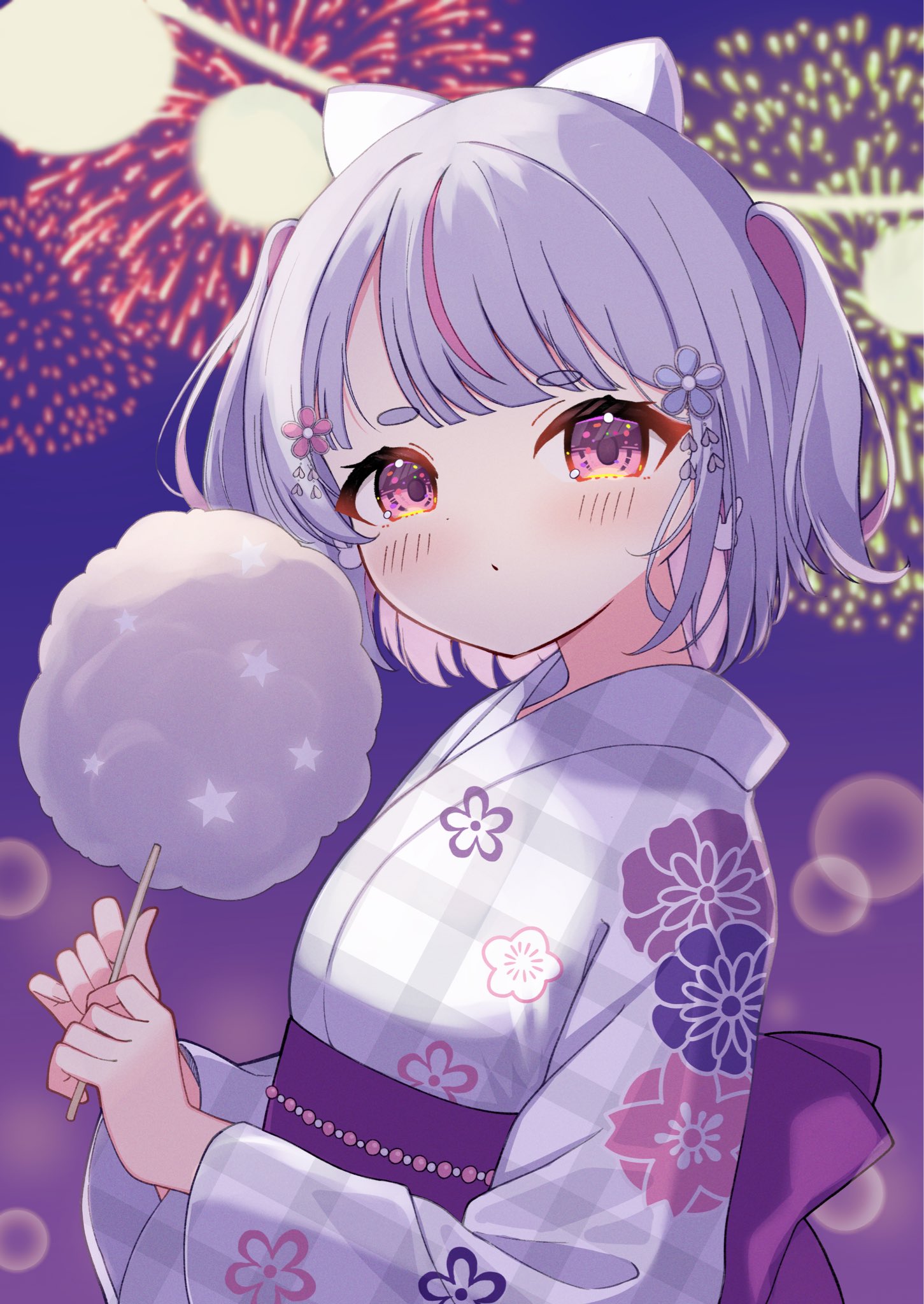 towa 12220611, tosaki mimi, vspo!, highres, 1girl, blush, cotton candy, fireworks, floral print, flower, food, grey hair, hair ornament, holding, holding food, japanese clothes, kimono, looking at viewer, multicolored hair, pink eyes, pink hair, pink streaks, sash, short eyebrows, short hair, streaked hair, thick eyebrows, two side up, upper body, virtual youtuber, yukata