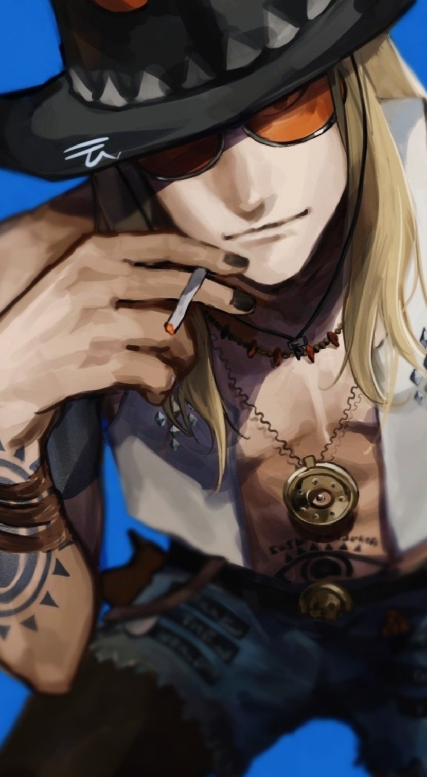 u n g d, tezcatlipoca (fate), tezcatlipoca (wild gunman) (fate), fate/grand order, fate (series), highres, 1boy, belt, black hat, blonde hair, blue background, bracelet, cigarette, cowboy hat, denim, denim shorts, hat, holding, holding cigarette, jewelry, long hair, looking at viewer, male focus, medallion, necklace, open clothes, open vest, orange-tinted eyewear, shorts, simple background, solo, sunglasses, tattoo, tinted eyewear, vest, white vest