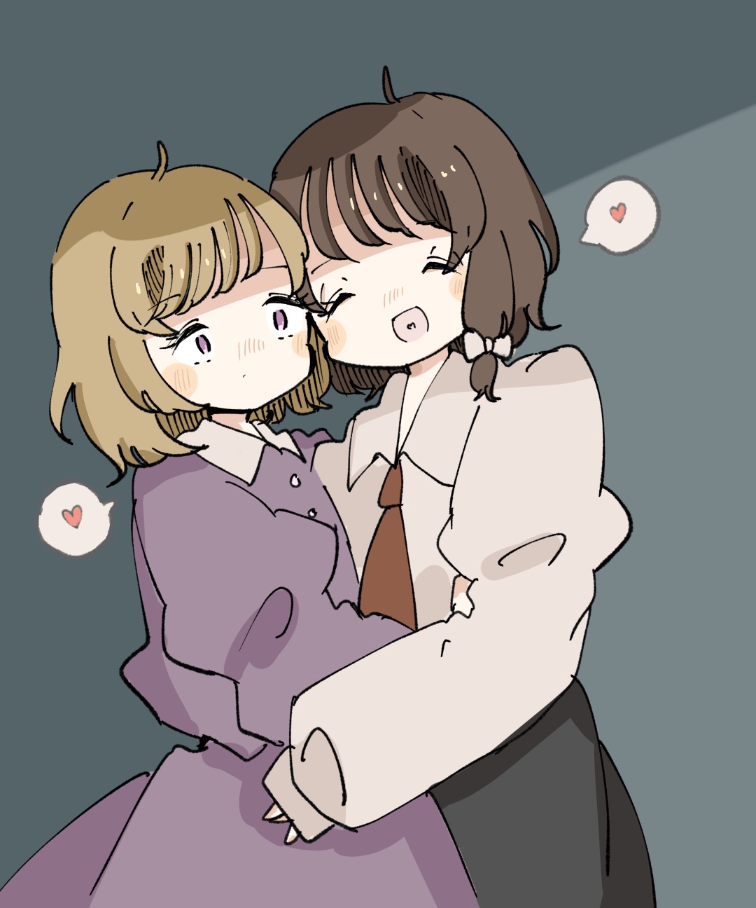 salt shol, maribel hearn, usami renko, touhou, highres, 2girls, black skirt, blonde hair, blush stickers, brown hair, closed eyes, dress, hair ribbon, heart, heart in mouth, hug, multiple girls, necktie, no headwear, puffy sleeves, purple dress, purple eyes, ribbon, shirt, simple background, skirt, white shirt, yuri