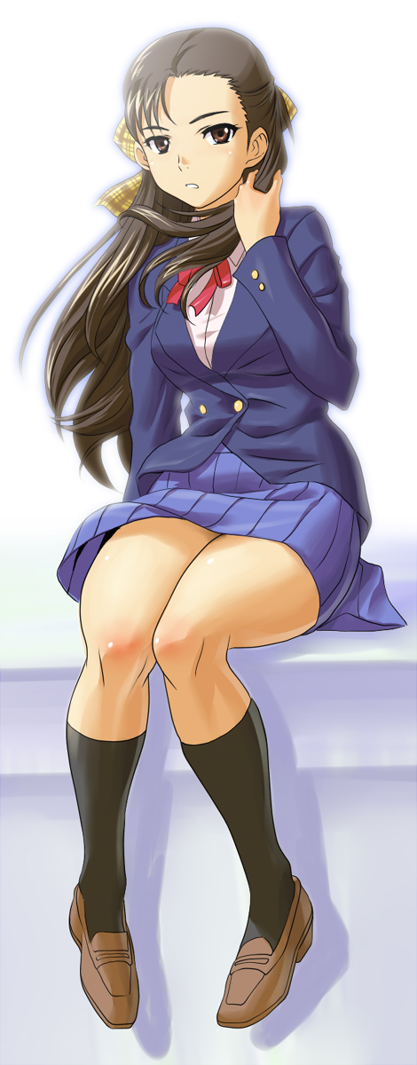 g-tetsu, original, highres, 1girl, blazer, bow, breasts, brown eyes, brown hair, female focus, hair bow, jacket, kneehighs, long hair, medium breasts, pleated skirt, school uniform, skirt, socks, solo, wide hips