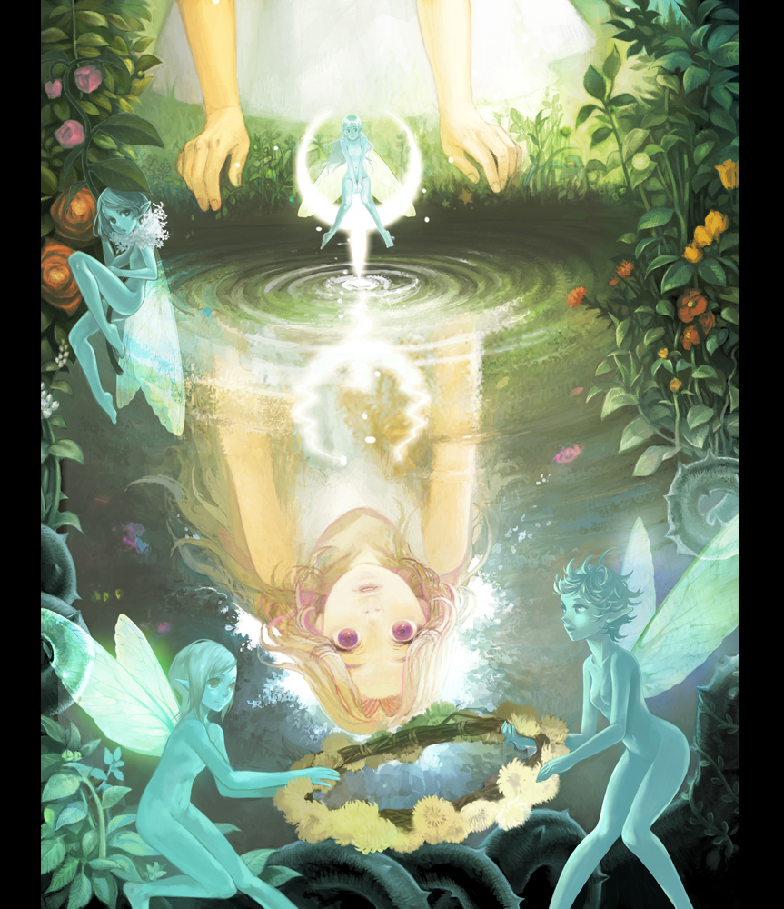 matayoshi, original, quake (series), 5girls, ass, blonde hair, breasts, fairy, fairy wings, fantasy, flower, long hair, multiple girls, nude, outdoors, pillarboxed, purple eyes, reflection, ripples, water, wings, wreath