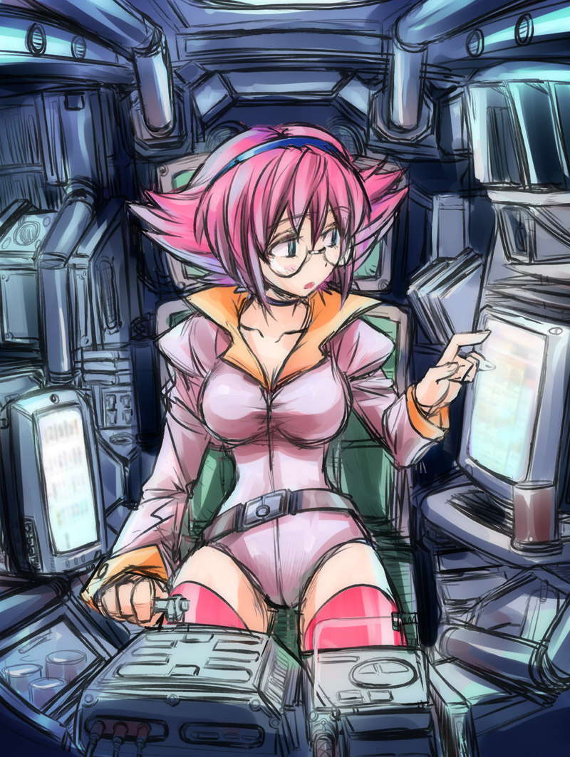umiushi, 1girl, belt, female focus, glasses, pink hair, short hair, solo, thighhighs