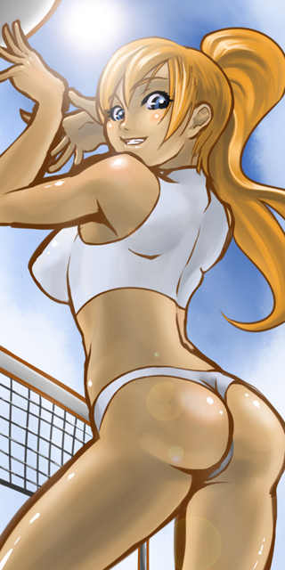 naphy, copyright request, 1girl, arched back, ass, ball, beach volleyball, blue eyes, day, female focus, from behind, from below, grin, looking back, orange hair, panties, ponytail, sky, smile, solo, sun, thong, underwear, volleyball, volleyball (object)