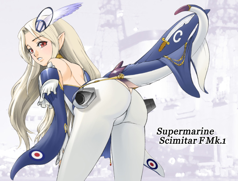 janome gochou, supermarine scimitar, original, supermarine, jet, 1girl, aircraft, airplane, ass, blonde hair, female focus, head wings, mecha, mecha musume, military, pointy ears, red eyes, robot, scimitar, solo, sword, tail, weapon, wings