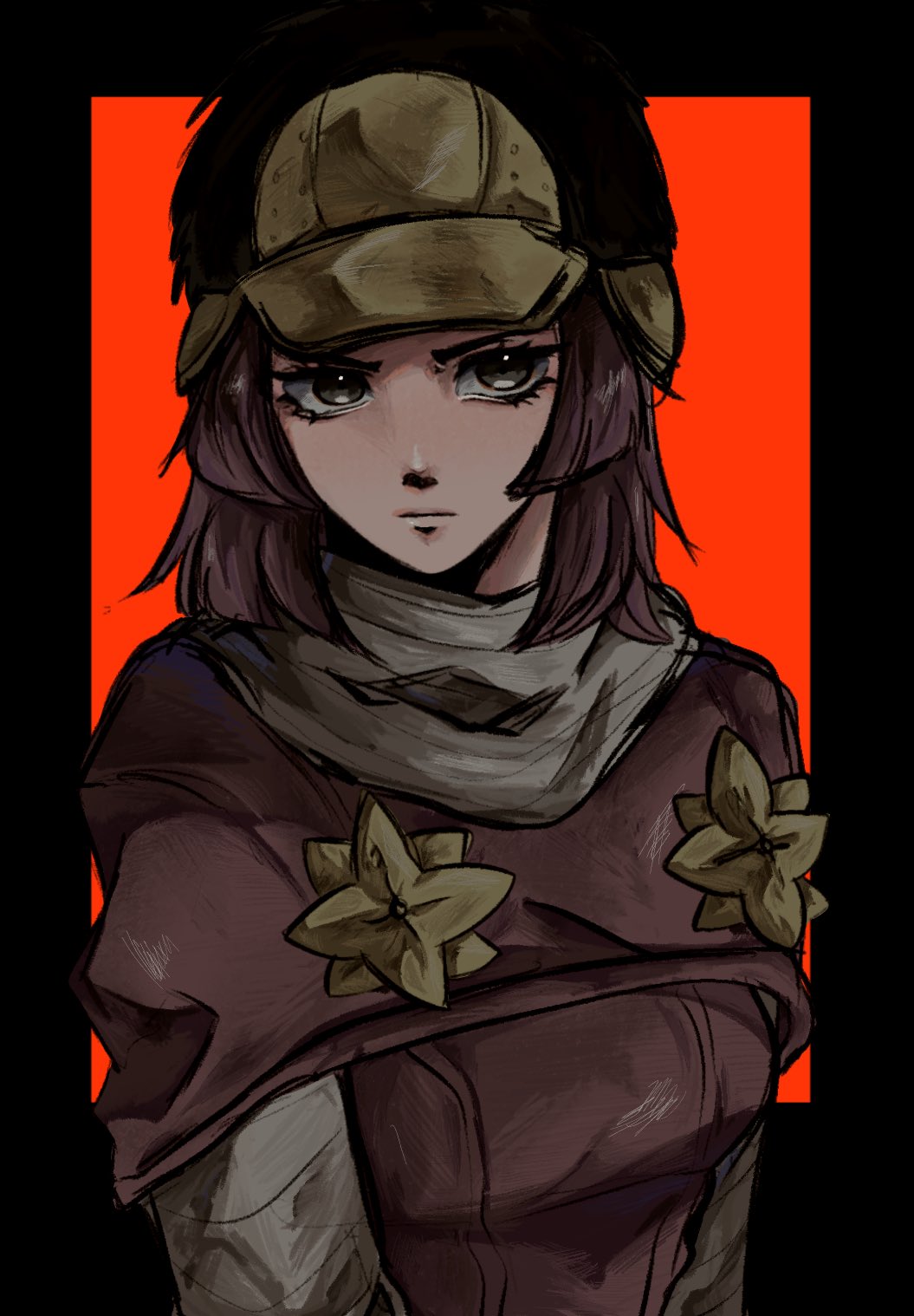 hot pants (sbr), jojo no kimyou na bouken, steel ball run, highres, 1girl, black hat, border, breasts, capelet, closed mouth, dress, flower, flower ornament, frown, fur hat, grey eyes, grey scarf, grey shirt, hat, looking at viewer, medium hair, meronpaan35, pink capelet, pink dress, pink hair, red background, scarf, serious, shirt, solo, upper body, yellow flower