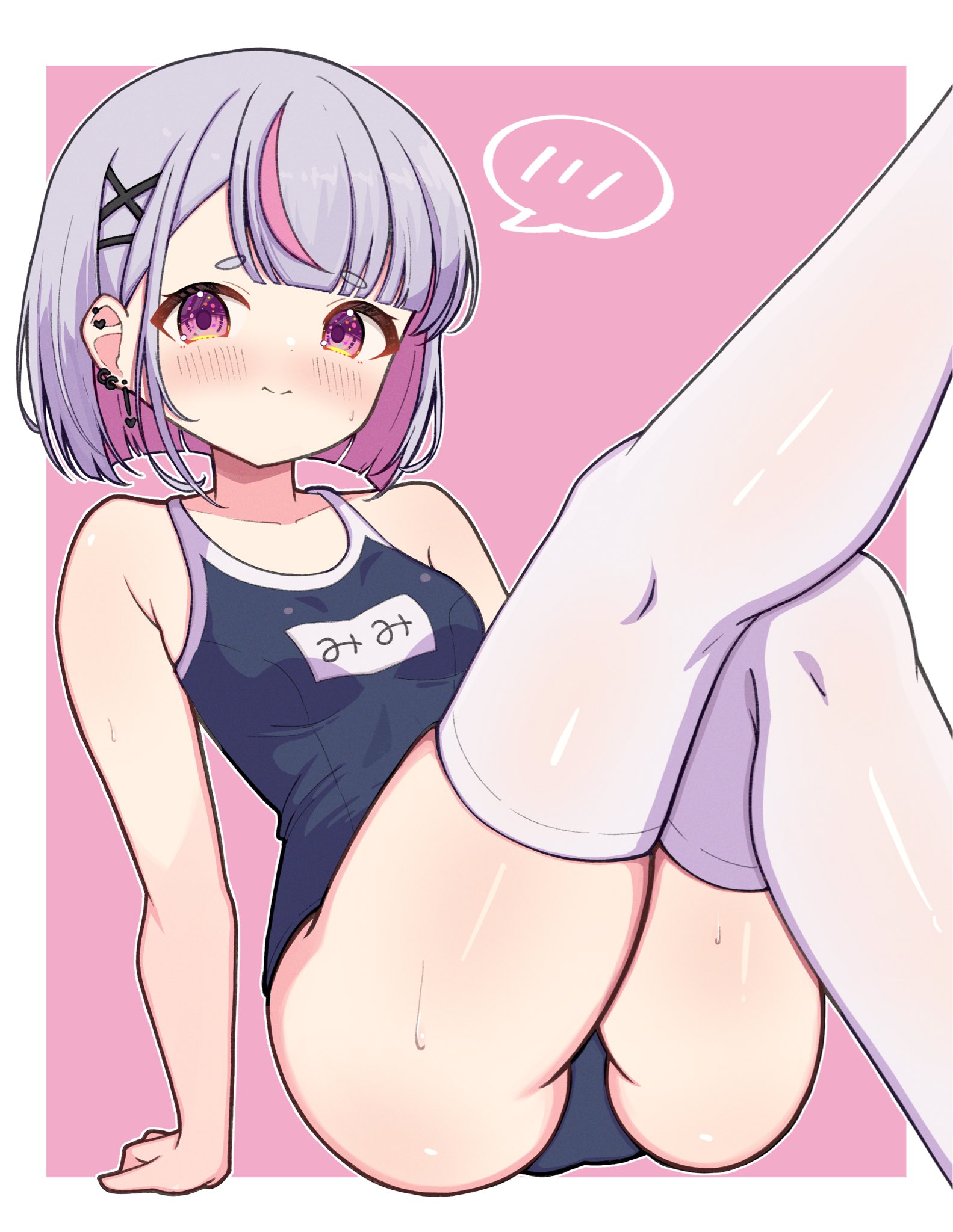 towa 12220611, tosaki mimi, vspo!, highres, 1girl, bare shoulders, blunt bangs, blush, border, breasts, closed mouth, colored inner hair, ear piercing, feet out of frame, grey hair, hair ornament, jewelry, leg up, looking at viewer, multicolored hair, piercing, pink eyes, pink hair, purple eyes, school swimsuit, short eyebrows, short hair, sitting, small breasts, spoken blush, streaked hair, swimsuit, thick eyebrows, thighhighs, thighs, virtual youtuber, white border, white thighhighs, x hair ornament