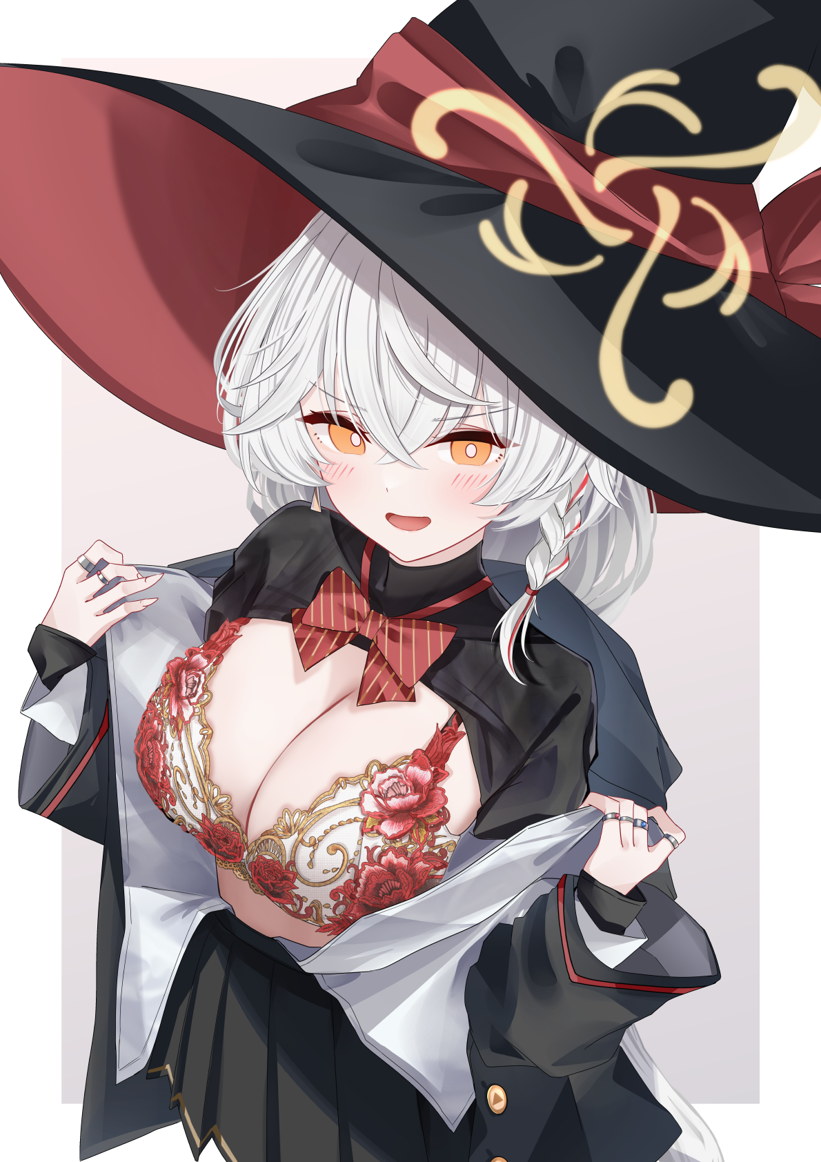 sarasadou dan, eri (blue archive), blue archive, highres, 1girl, black hat, black jacket, black shirt, black skirt, blush, border, bra, brown eyes, hat, jacket, lace, lace bra, long hair, looking at viewer, miniskirt, open clothes, open jacket, open mouth, opened by self, outside border, pleated skirt, red bra, shirt, simple background, skirt, smile, solo, turtleneck, turtleneck shirt, undershirt, underwear, white background, white border, white hair, white shirt, witch hat