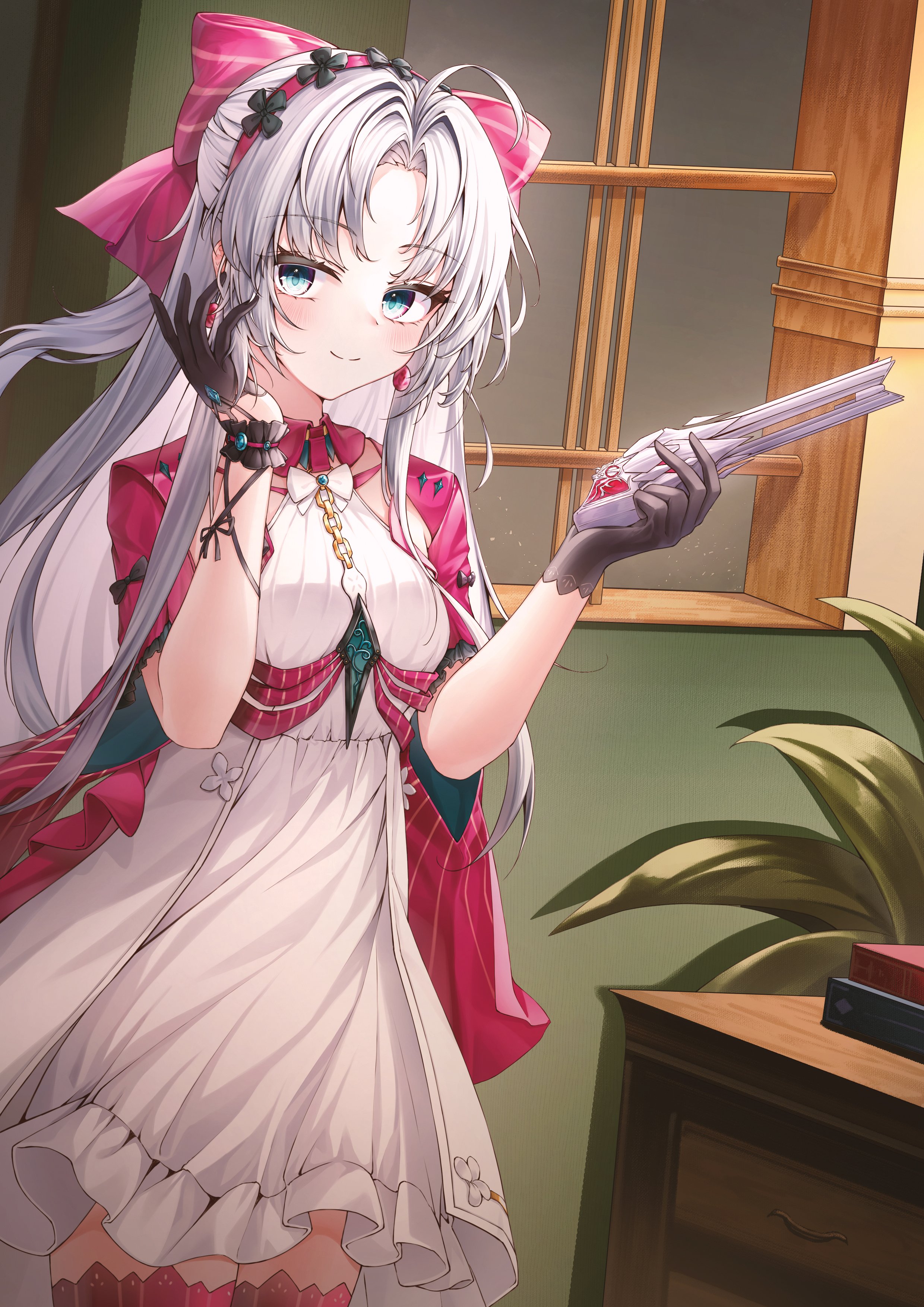 ichizon, carlotta (wuthering waves), wuthering waves, absurdres, commentary, highres, 1girl, ahoge, black gloves, bow, closed mouth, dress, earrings, gloves, grey hair, hair bow, hands up, holding, indoors, jacket, jewelry, long hair, looking at viewer, pink bow, pink jacket, pink thighhighs, short hair, smile, solo, standing, thighhighs, white dress