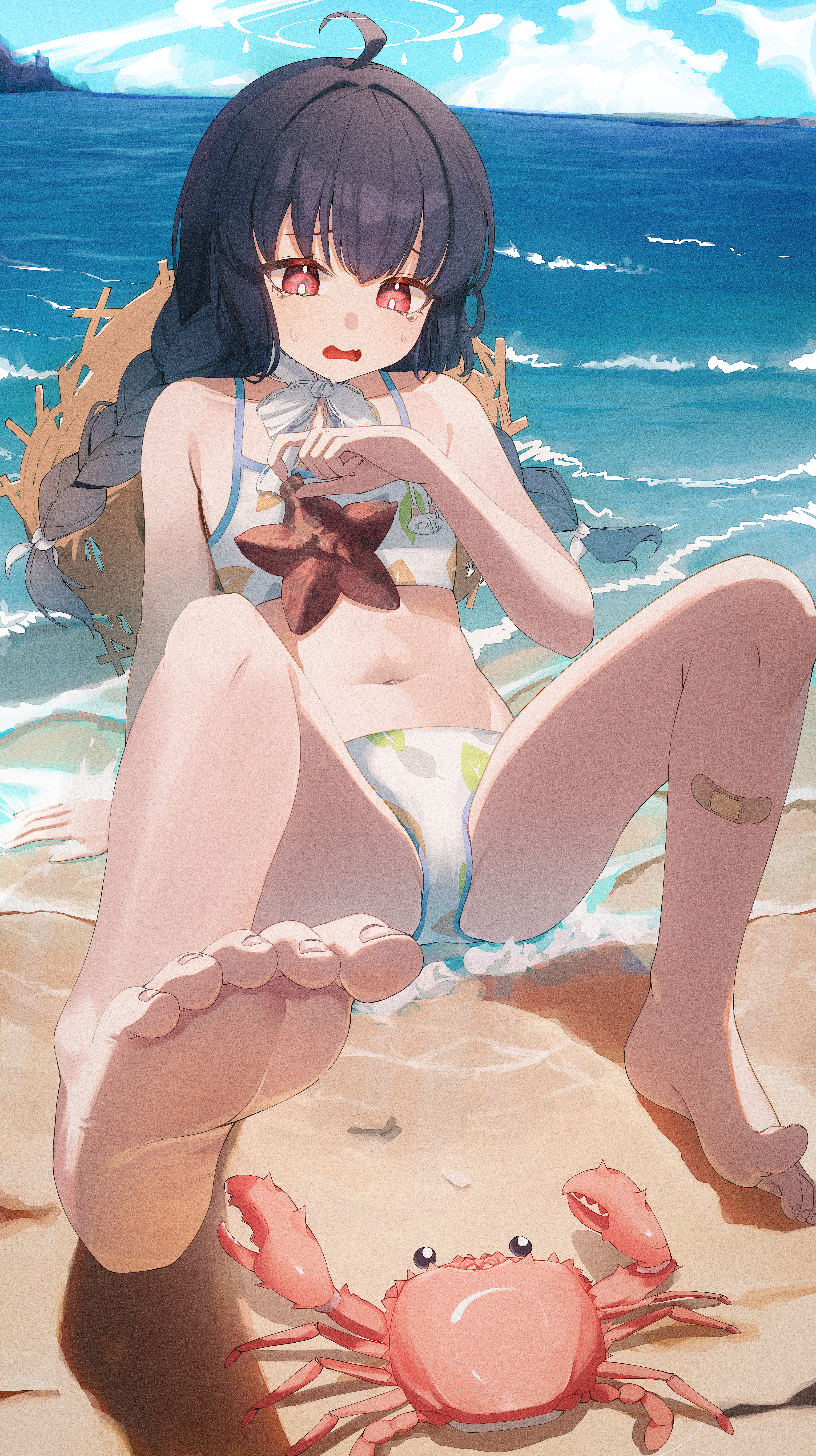 miyu (blue archive), miyu (swimsuit) (blue archive), blue archive, absurdres, highres, 1girl, ahoge, arm support, bandaid, bandaid on leg, bare legs, bare shoulders, barefoot, beach, bikini, black hair, blue sky, braid, bright pupils, cloud, collarbone, crab, crying, crying with eyes open, feet, fingernails, flat chest, foot focus, full body, furrowed brow, hair ribbon, halo, hat, hipo4333, holding, knees up, leaf print, loli, long hair, looking at animal, looking down, low twin braids, low twintails, lying, navel, ocean, official alternate costume, on back, open mouth, outdoors, panicking, print bikini, red eyes, ribbon, sand, sitting, sky, soles, solo, spread legs, starfish, straw hat, swimsuit, tears, thighs, toenails, toes, twin braids, twintails, water, waves, wavy mouth, white bikini, white halo, white pupils, white ribbon