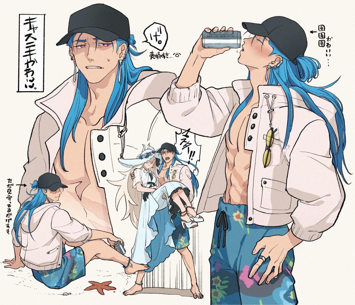 iash, cu chulainn (caster) (fate), cu chulainn (fate), cu chulainn (tropical rune summer) (fate), olga marie animusphere, u-olga marie, u-olga marie (first ascension), fate/grand order, fate (series), highres, 1boy, 1girl, beer can, black hat, blue hair, blue male swimwear, blue swim trunks, can, carrying, dress, drink can, drinking, earrings, green-tinted eyewear, hat, hawaiian clothes, holding, holding can, jacket, jewelry, long hair, male focus, male swimwear, multiple views, open clothes, open jacket, pectorals, princess carry, red eyes, scar, scar on stomach, simple background, speech bubble, sun hat, swim trunks, tinted eyewear, toned, toned male, white background, white jacket