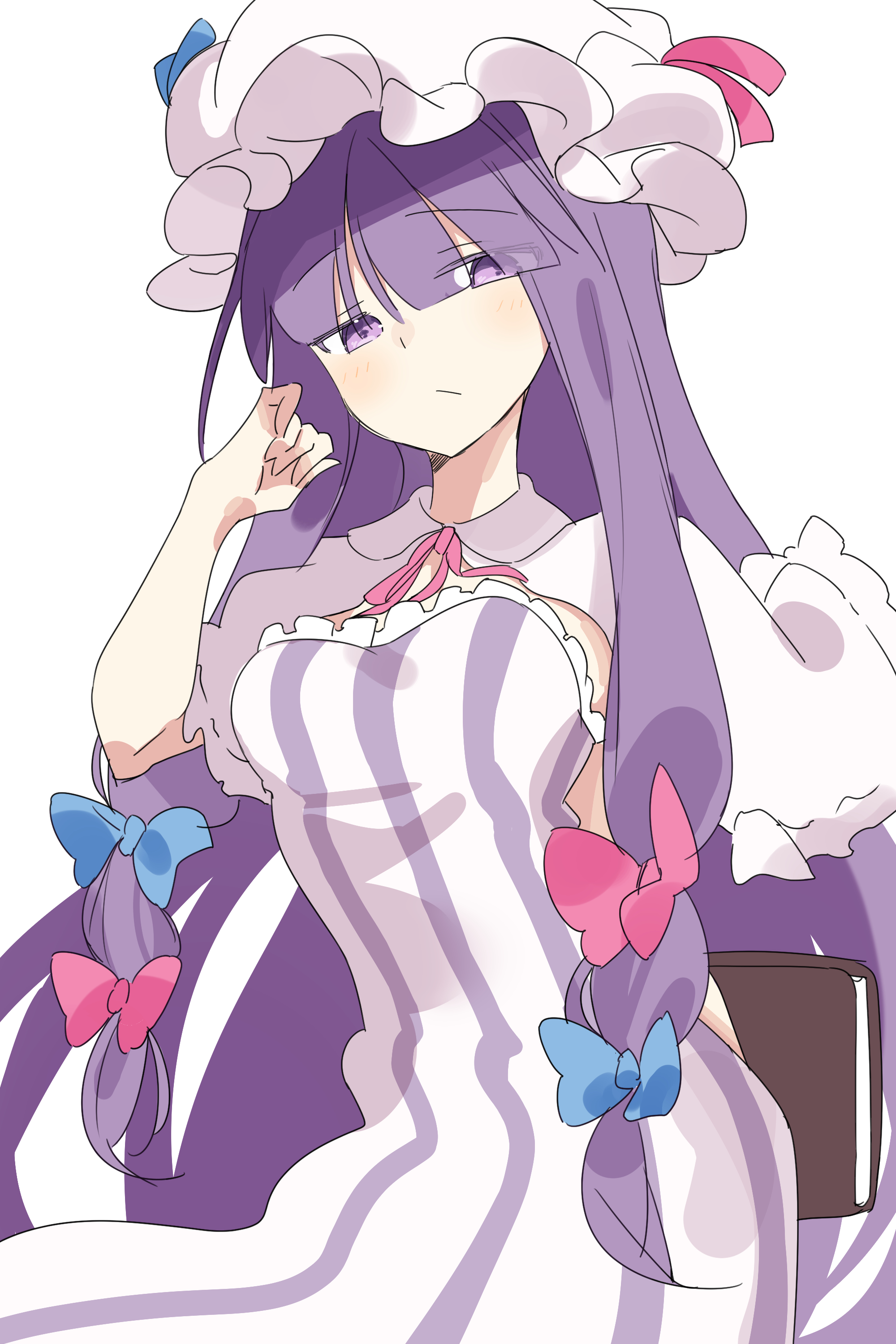 comorebi, patchouli knowledge, touhou, absurdres, highres, 1girl, blush, book, breasts, cape, crescent, crescent hat ornament, dress, hat, hat ornament, holding, holding book, large breasts, long hair, looking at viewer, mob cap, purple eyes, purple hair, simple background, solo, striped clothes, striped dress, vertical-striped clothes, vertical-striped dress, white background, white cape