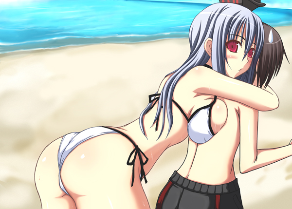 jema, kamishirasawa keine, touhou, 1boy, 1girl, ass, bikini, breast press, breasts, couple, hetero, red eyes, side-tie bikini bottom, sideboob, swimsuit