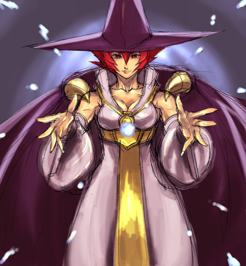 tetsu (kimuchi), tabasa, capcom, warzard, 1girl, breasts, cape, cleavage, female focus, hat, red eyes, red hair, short hair, sketch, solo, witch, wizard