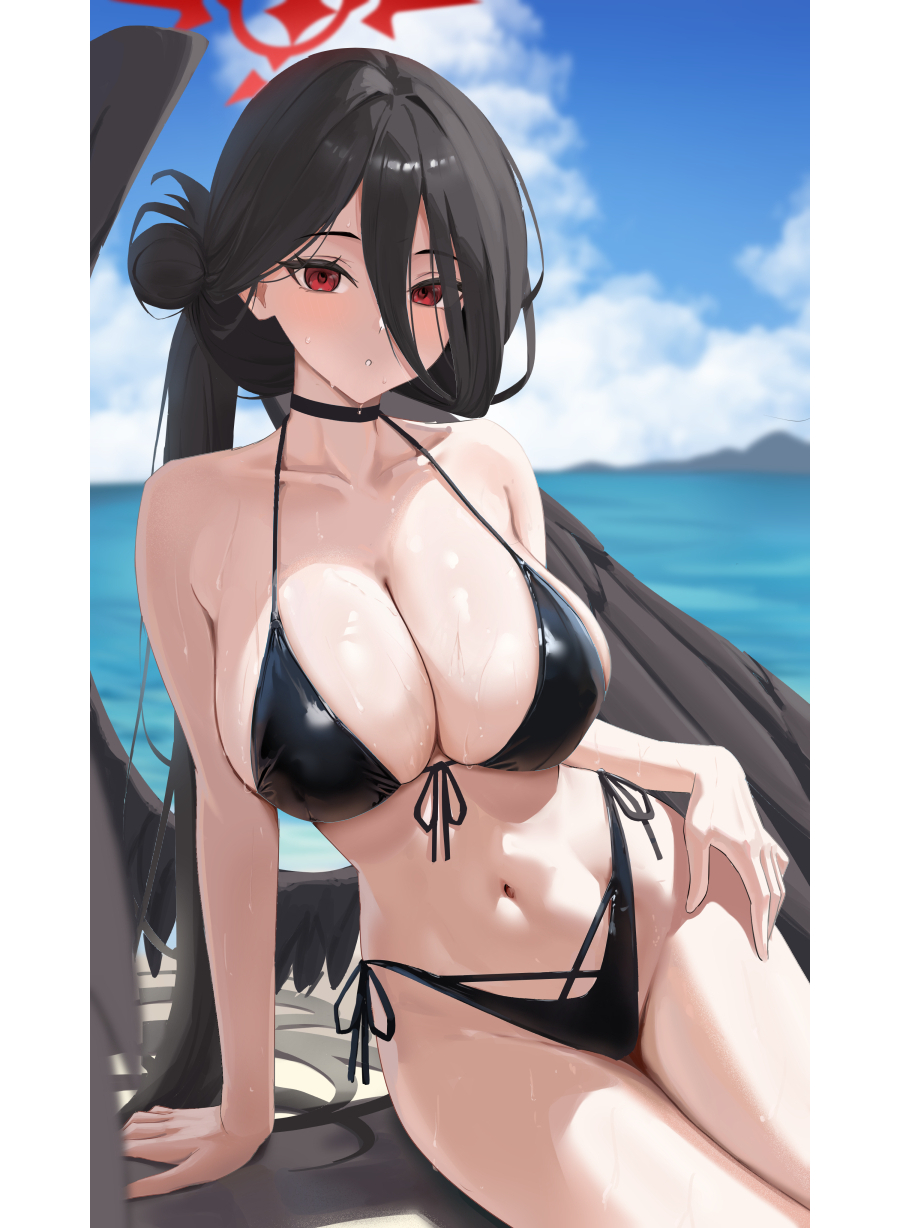 haro art, hasumi (blue archive), hasumi (swimsuit) (blue archive), blue archive, highres, 1girl, bikini, black bikini, black hair, black wings, blush, breasts, hair between eyes, hair bun, large breasts, long hair, looking at viewer, navel, official alternate costume, official alternate hairstyle, parted lips, red eyes, side ponytail, sidelocks, solo, stomach, swimsuit, wet, wings