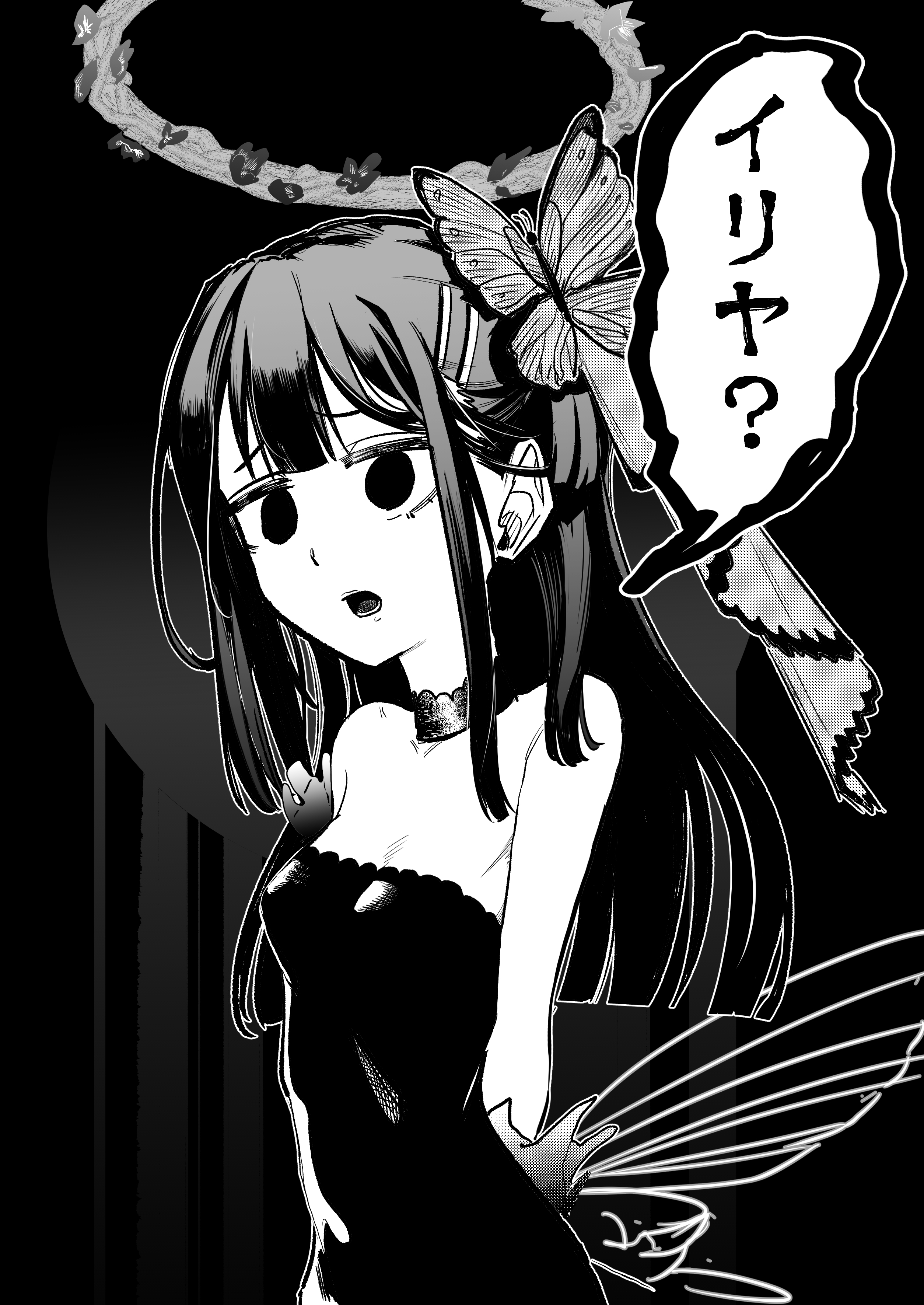 mor (morfowfow), miyu edelfelt, miyu edelfelt (swimsuit lancer) (third ascension), fate/grand order, fate (series), absurdres, highres, 1girl, arms behind back, bare shoulders, black background, blank eyes, breasts, butterfly hair ornament, choker, greyscale, hair ornament, hairclip, halo, long hair, monochrome, open mouth, small breasts, solo, speech bubble, upper body