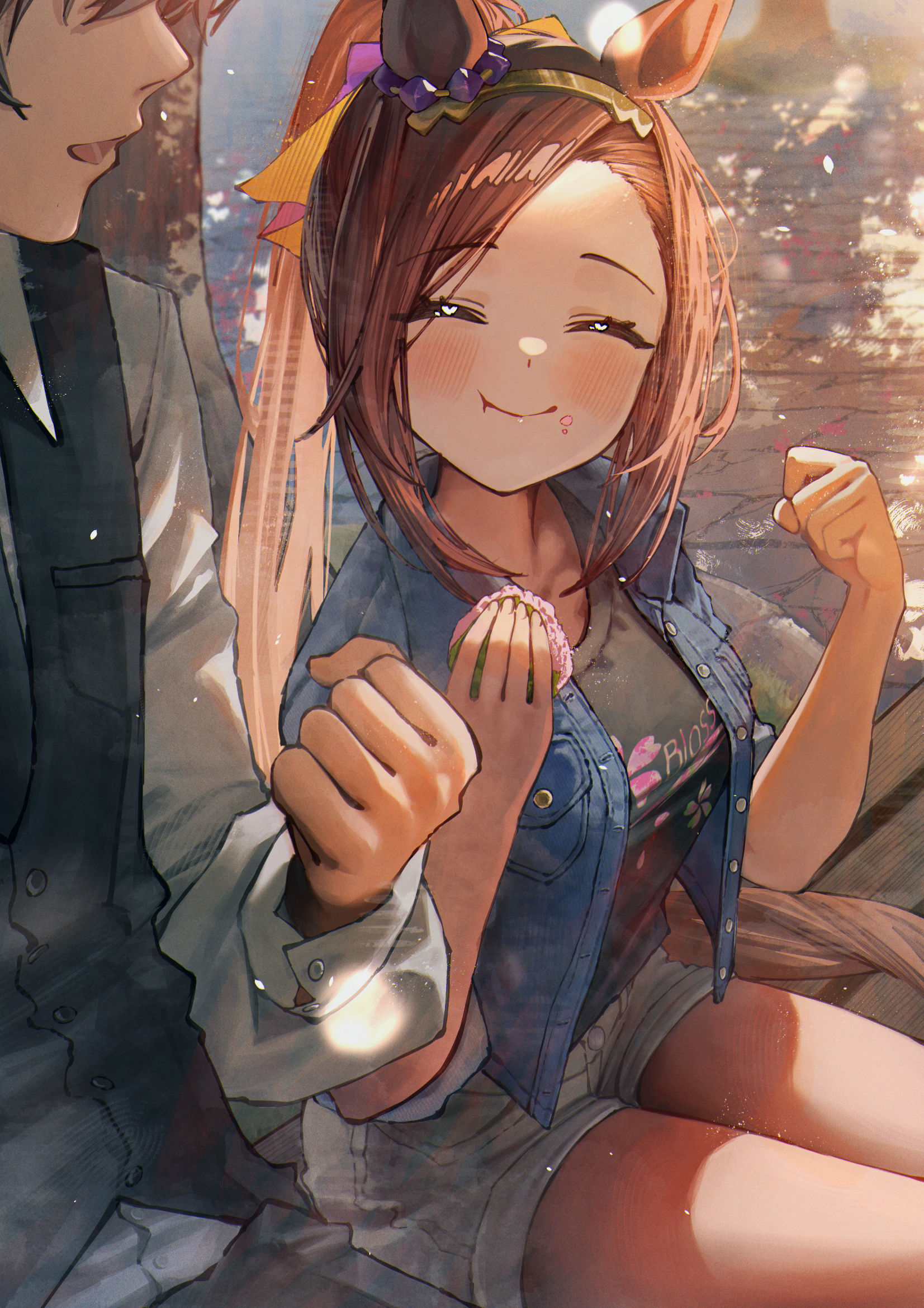 betabeet, sakura bakushin o (umamusume), trainer (umamusume), umamusume, commentary, highres, 1boy, 1girl, :t, alternate costume, animal ears, black shirt, black vest, blue jacket, blush, closed eyes, closed mouth, dappled sunlight, denim, denim jacket, denim shorts, gold hairband, grey shorts, hairband, horse ears, horse girl, horse tail, jacket, long hair, open mouth, ponytail, shirt, short shorts, shorts, sitting, smile, solo focus, sunlight, tail, thighs, vest, white shirt