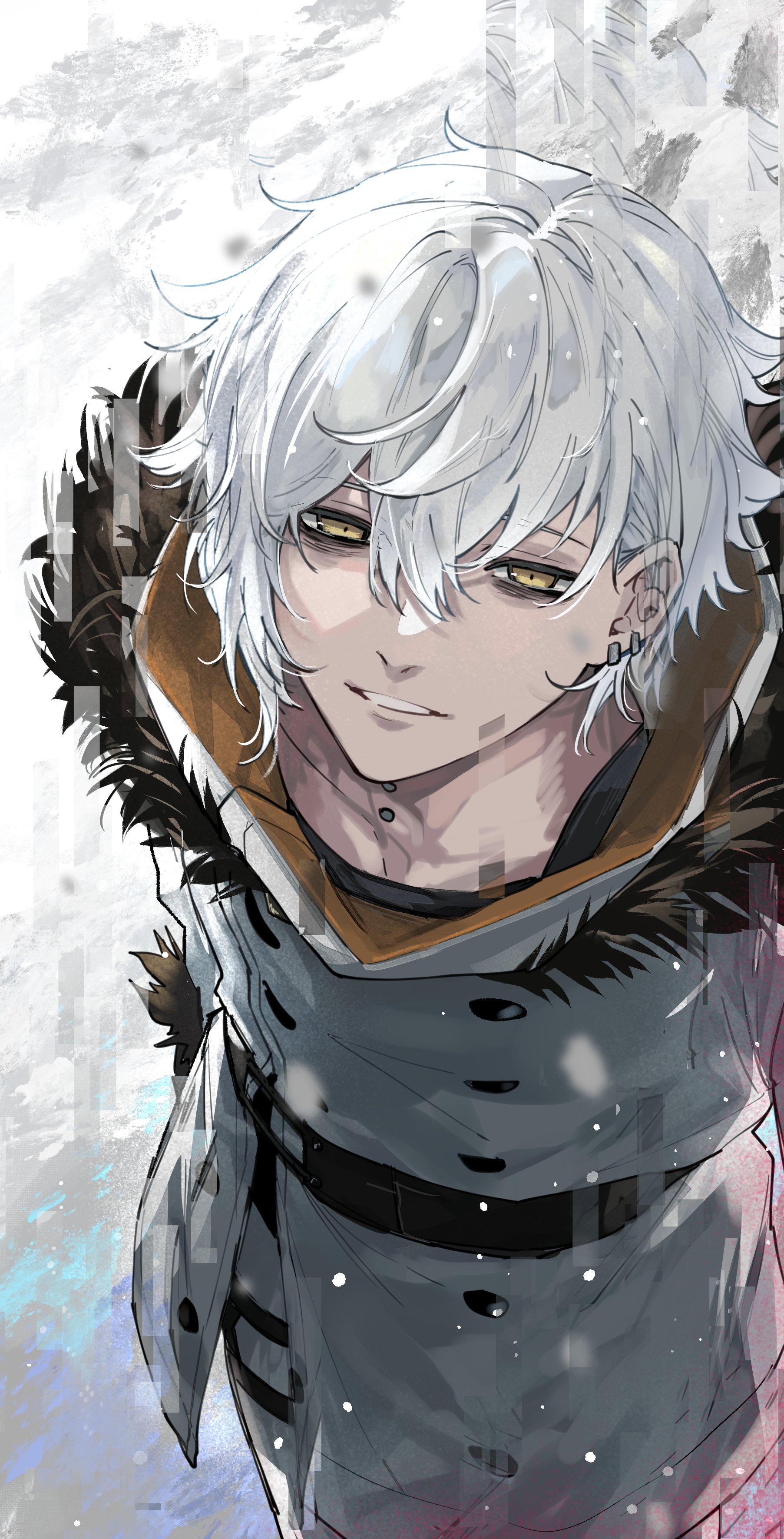 rakka 1, kadoc zemlupus, fate/grand order, fate (series), absurdres, highres, 1boy, earrings, from above, fur-trimmed jacket, fur trim, hair between eyes, jacket, jewelry, long sleeves, looking at viewer, male focus, neck piercing, open mouth, short hair, smile, solo, white hair, yellow eyes
