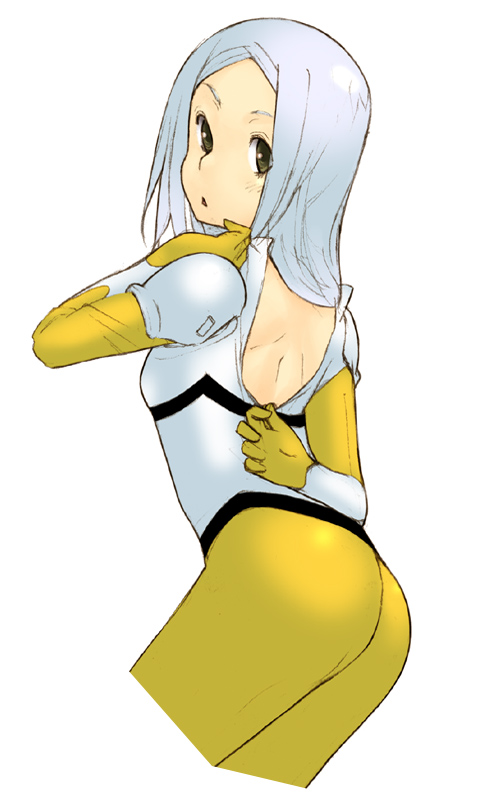 nabeshiki, nabeshiki (rakuneko yashiki), soma peries, gundam, gundam 00, 00s, 1girl, ass, belt, elbow gloves, female focus, from behind, gloves, leggings, looking at viewer, puffy short sleeves, puffy sleeves, shirt, short sleeves, skin tight, solo, undressing, white shirt, yellow gloves