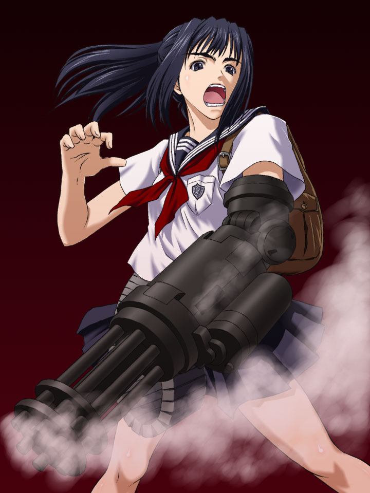iga tomoteru, 1girl, arm cannon, female focus, gatling gun, gun, open mouth, school uniform, serafuku, simple background, smoke, smoking barrel, solo, weapon