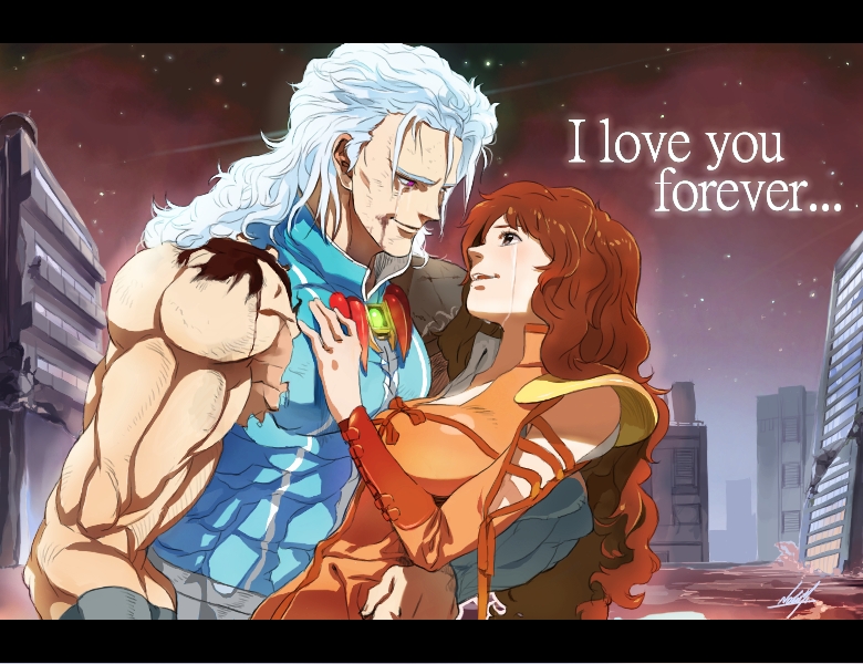 umi no manateii, mamiya (hokuto no ken), rei (hokuto no ken), hokuto no ken, bad id, bad pixiv id, 1boy, 1girl, artistic error, couple, english text, engrish text, hetero, injury, post-apocalypse, ranguage, sky, star (sky), star (symbol), starry sky, tears