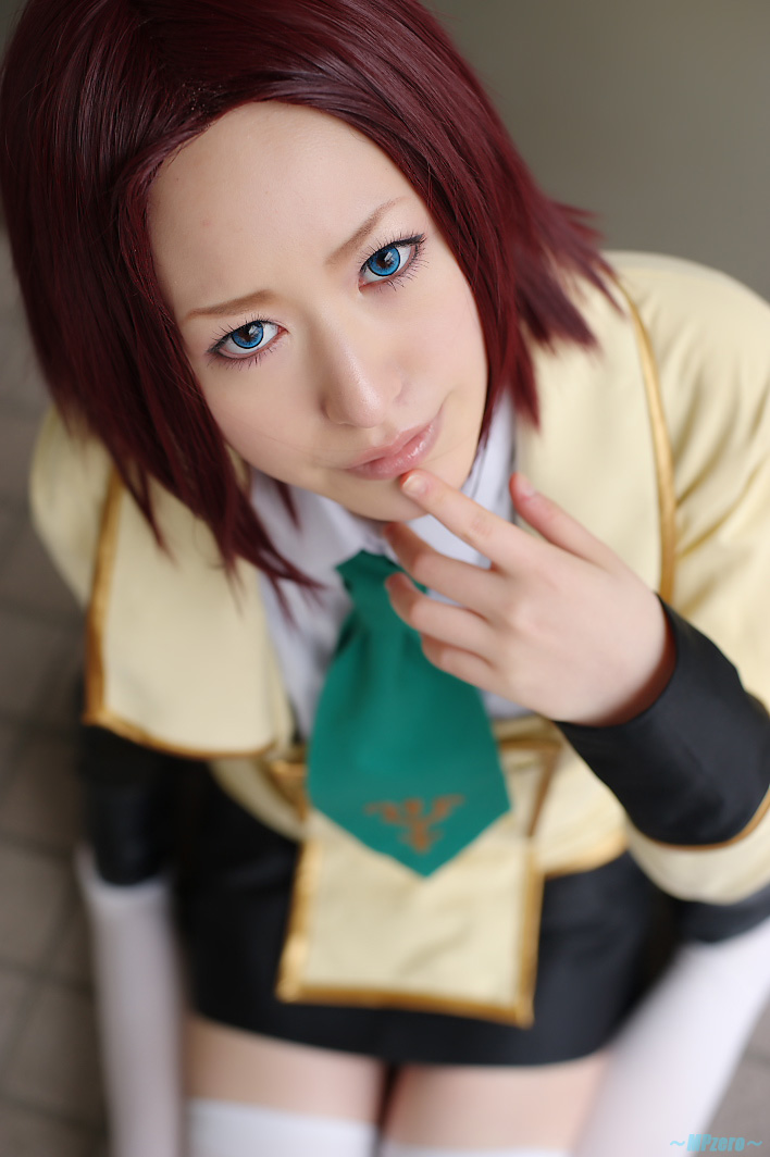 kouzuki kallen, touka (cosplayer), code geass, photo (medium), asian, blazer, cosplay, jacket, kouzuki kallen (cosplay), miniskirt, necktie, red hair, school uniform, skirt, thighhighs