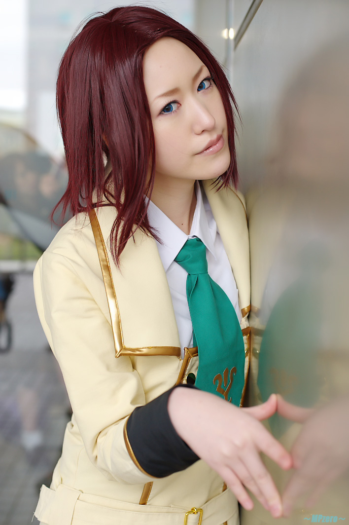 kouzuki kallen, touka (cosplayer), code geass, photo (medium), asian, blazer, cosplay, jacket, kouzuki kallen (cosplay), necktie, red hair, school uniform