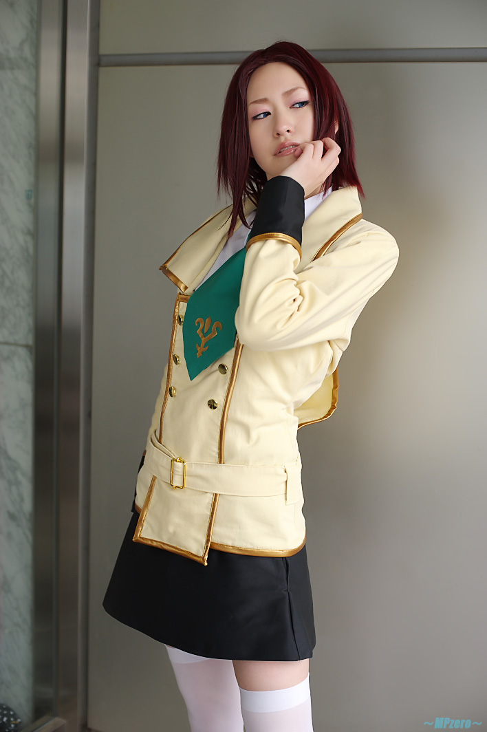kouzuki kallen, touka (cosplayer), code geass, photo (medium), asian, blazer, cosplay, jacket, kouzuki kallen (cosplay), miniskirt, necktie, red hair, school uniform, skirt, thighhighs