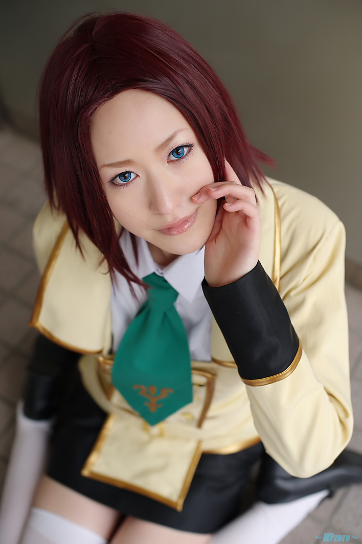 kouzuki kallen, touka (cosplayer), code geass, photo (medium), blazer, cosplay, jacket, kouzuki kallen (cosplay), miniskirt, necktie, red hair, school uniform, skirt, thighhighs