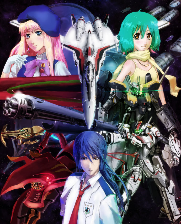 yutori (clockwork chicken), ozma lee, ranka lee, saotome alto, sheryl nome, vajra (macross), vf-25, macross, macross frontier, 00s, 1boy, 2girls, alien, beret, black hair, bug, green hair, gun, gunpod, hat, long hair, mecha, monster, multiple girls, necktie, rifle, robot, s.m.s., scarf, school uniform, serafuku, space, weapon