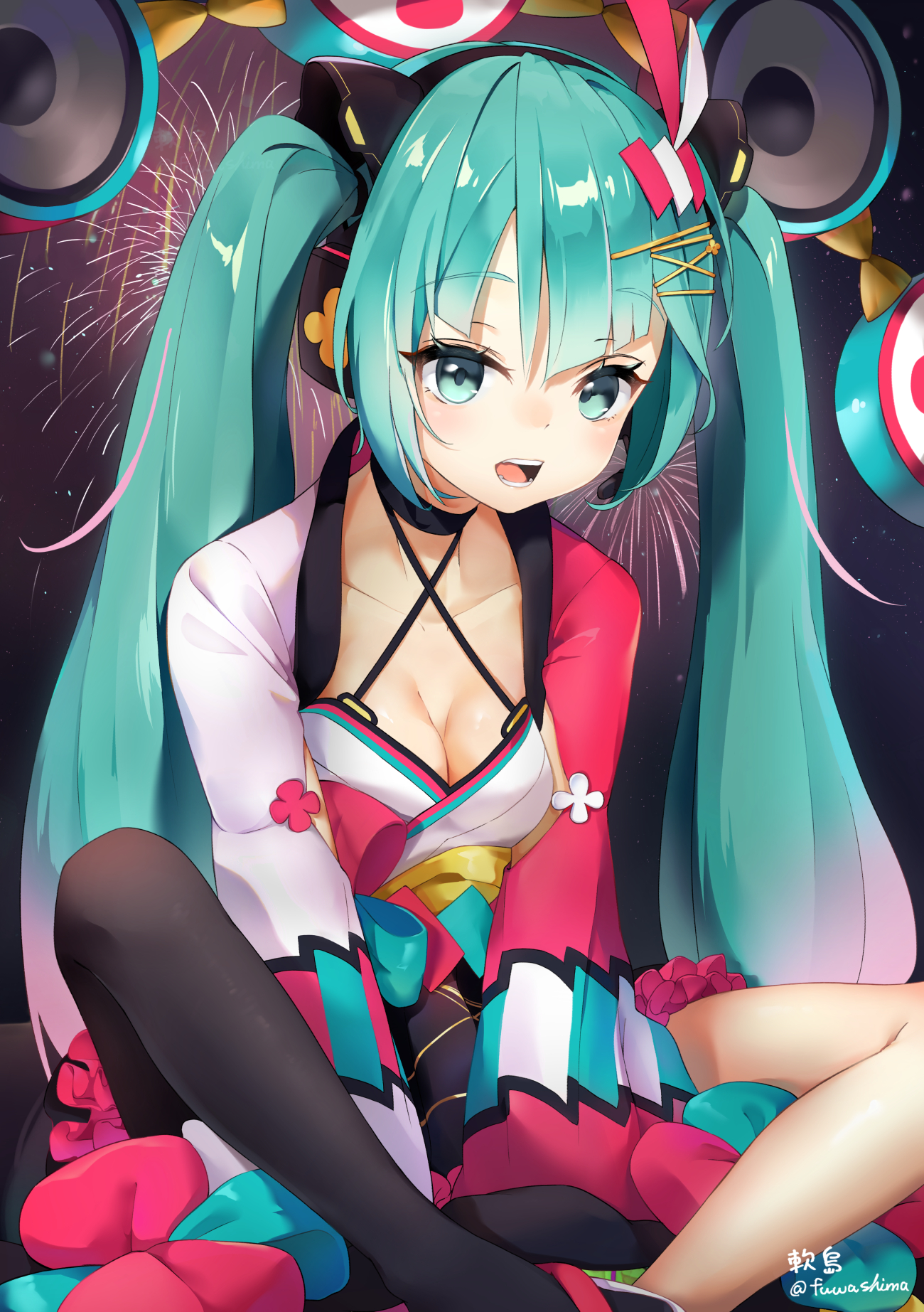 fuwashima, hatsune miku, magical mirai miku, magical mirai miku (2020 summer), magical mirai (vocaloid), vocaloid, highres, 1girl, aerial fireworks, asymmetrical legwear, black thighhighs, blush, breasts, cleavage, collarbone, drum, fireworks, headset, instrument, japanese clothes, kimono, long hair, long sleeves, looking at viewer, medium breasts, night, night sky, official alternate costume, official alternate hairstyle, open mouth, outdoors, over-kneehighs, pantyhose, single thighhigh, sky, smile, solo, teeth, thighhighs, twintails, very long hair, wide sleeves, yukata